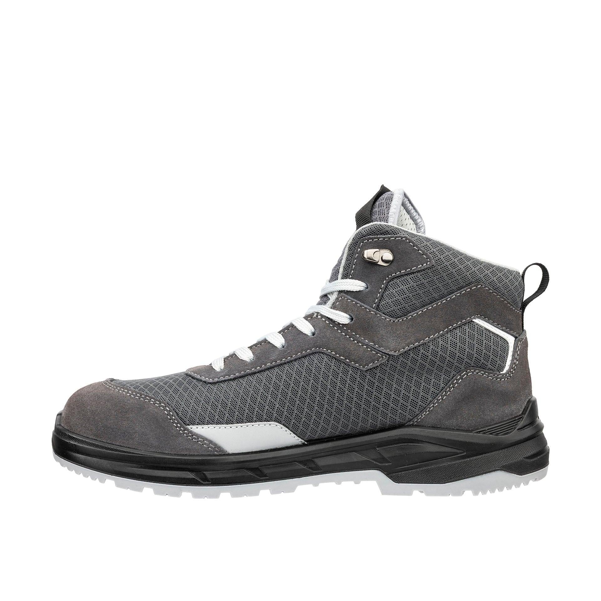Schrägansicht Sicherheitsschuh AXIS GREY MID mit robuster Stahlkappe und atmungsaktivem Mesh