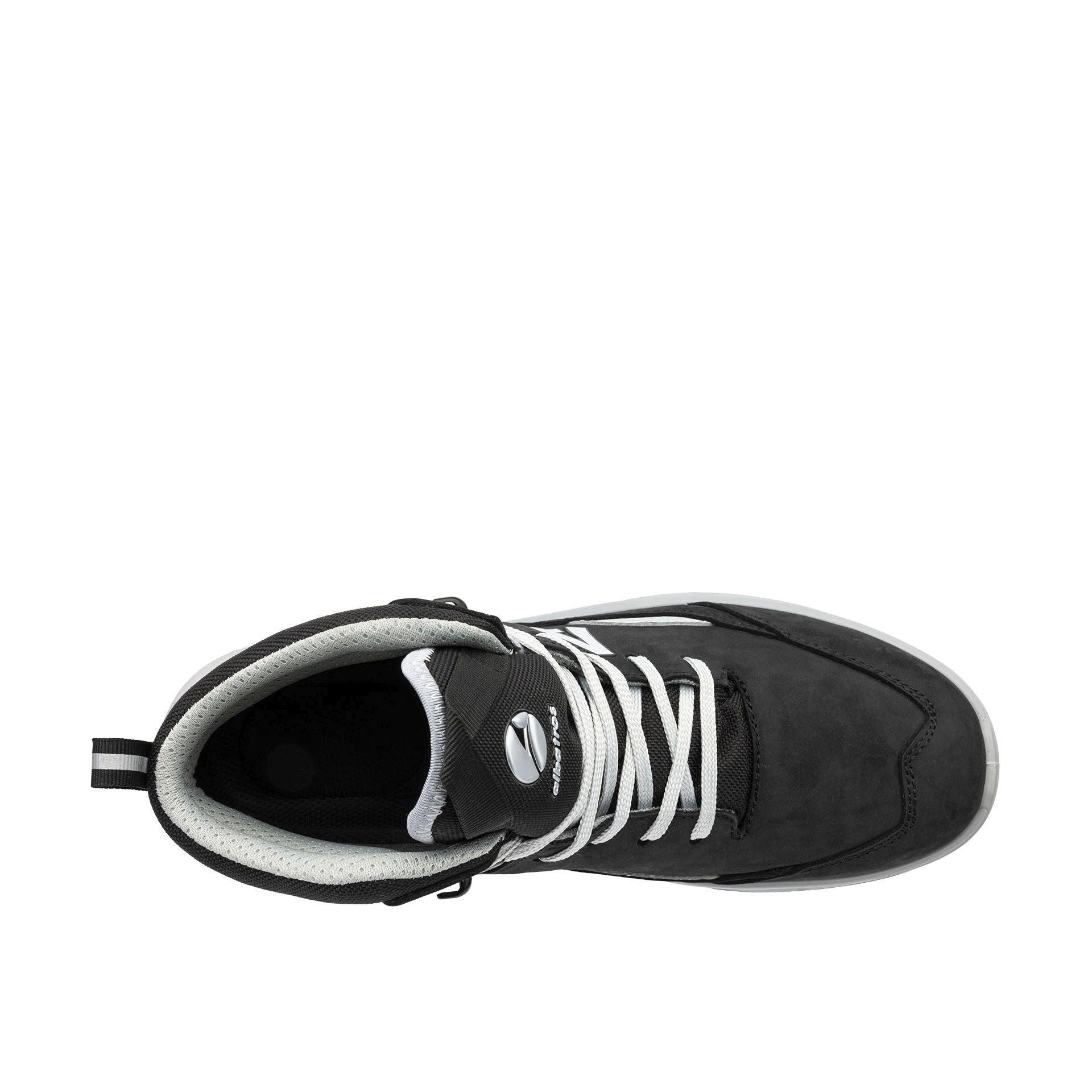 Draufsicht Sicherheitsschuh VECTOR BLK MID mit weißer Schnürung und ergonomischem Einstieg