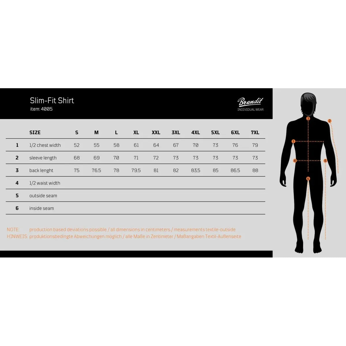 Größentabelle für Herren Slim-Fit Shirt mit Darstellung der wichtigsten Maße am Körper und Vergleich nach Konfektionsgrößen