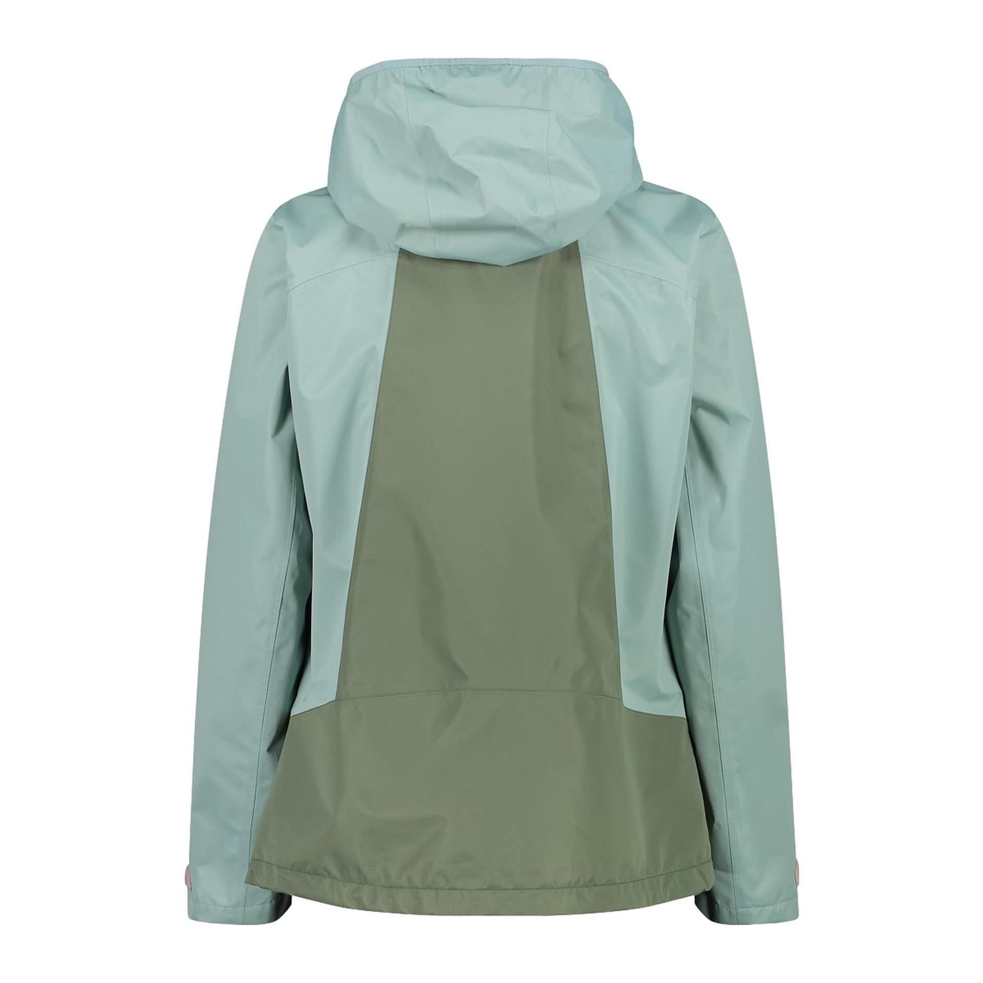 Rückansicht der atmungsaktiven Damen-Regenjacke mit verlängerter Rückenpartie