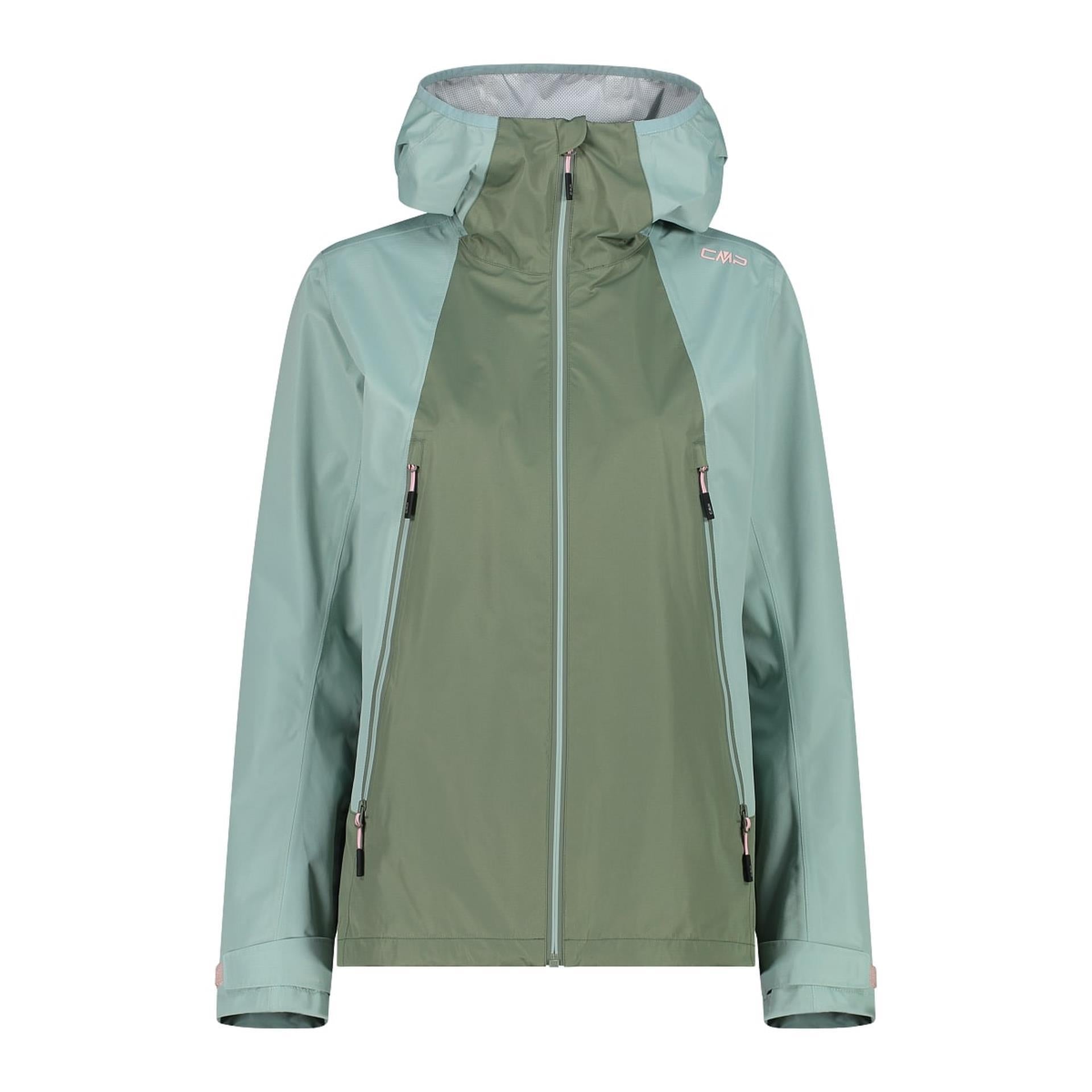 Damen Regenjacke in salvia mit Kapuze und hohem Kragen
