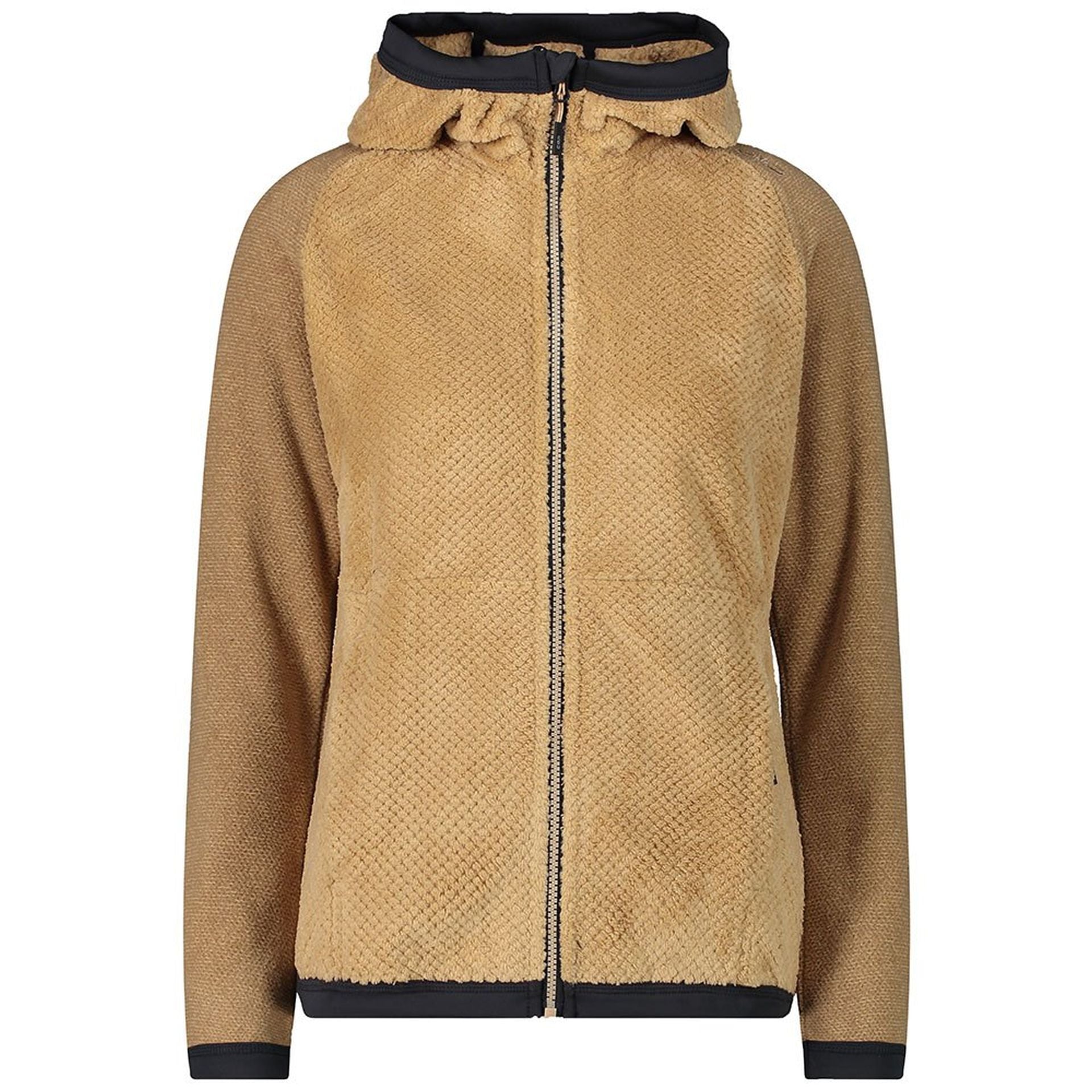 Damen Fleece-Hybridjacke sesamo mit Kapuze in Vorderansicht