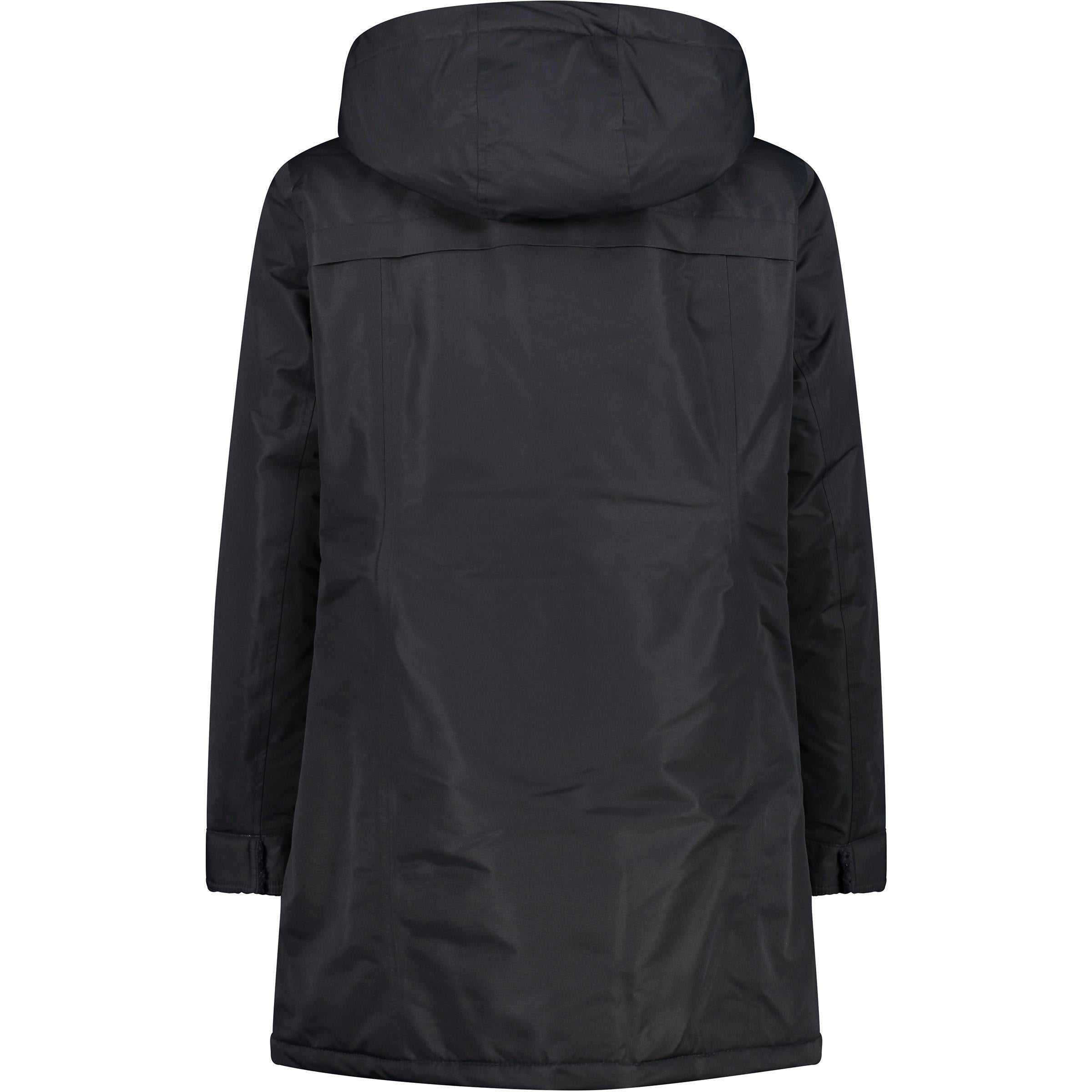 Rückansicht des CMP Parkas mit Kapuze und verlängertem Rücken