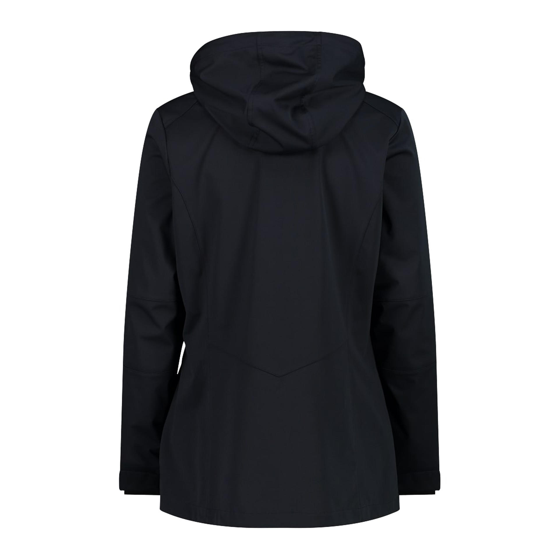 Rückansicht der Softshelljacke mit abnehmbarer Kapuze und ClimaProtect-Logo