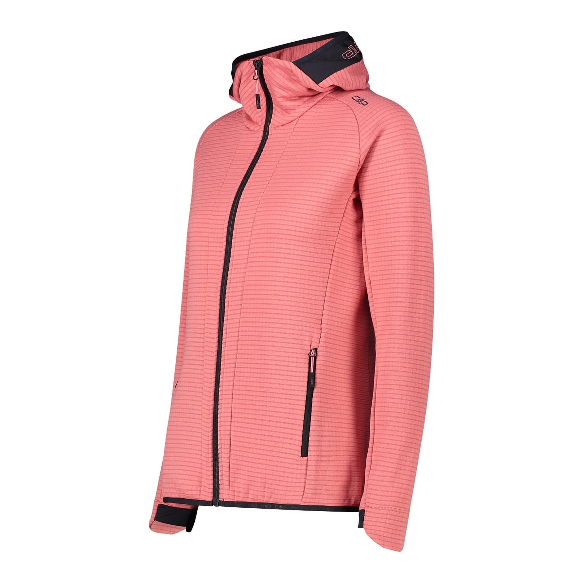 Seitenansicht der elastischen Damen-Fleecejacke mit glatter Oberfläche und Kapuze