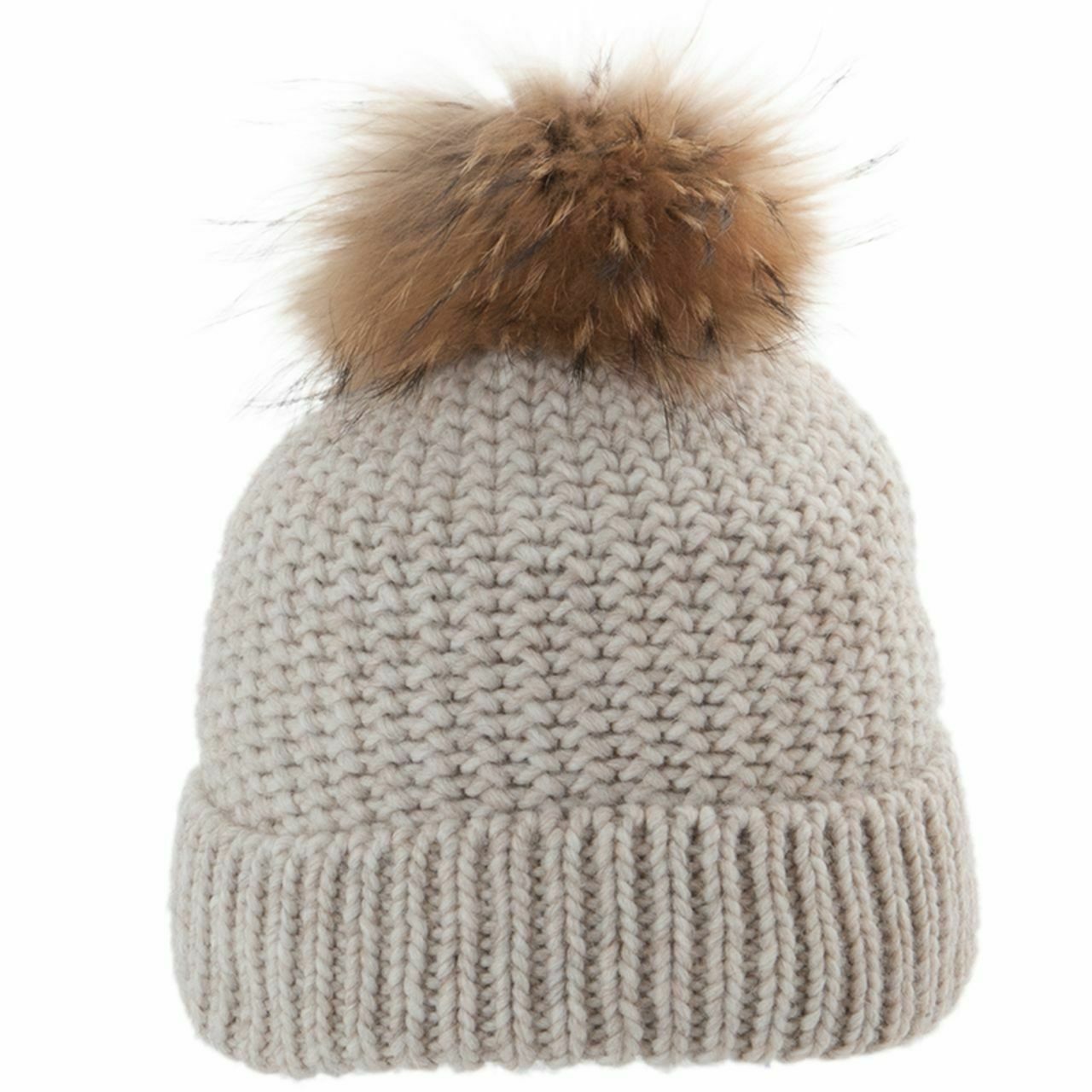 Vorderansicht Damen-Strickmütze mit Kunstfellbommel natur