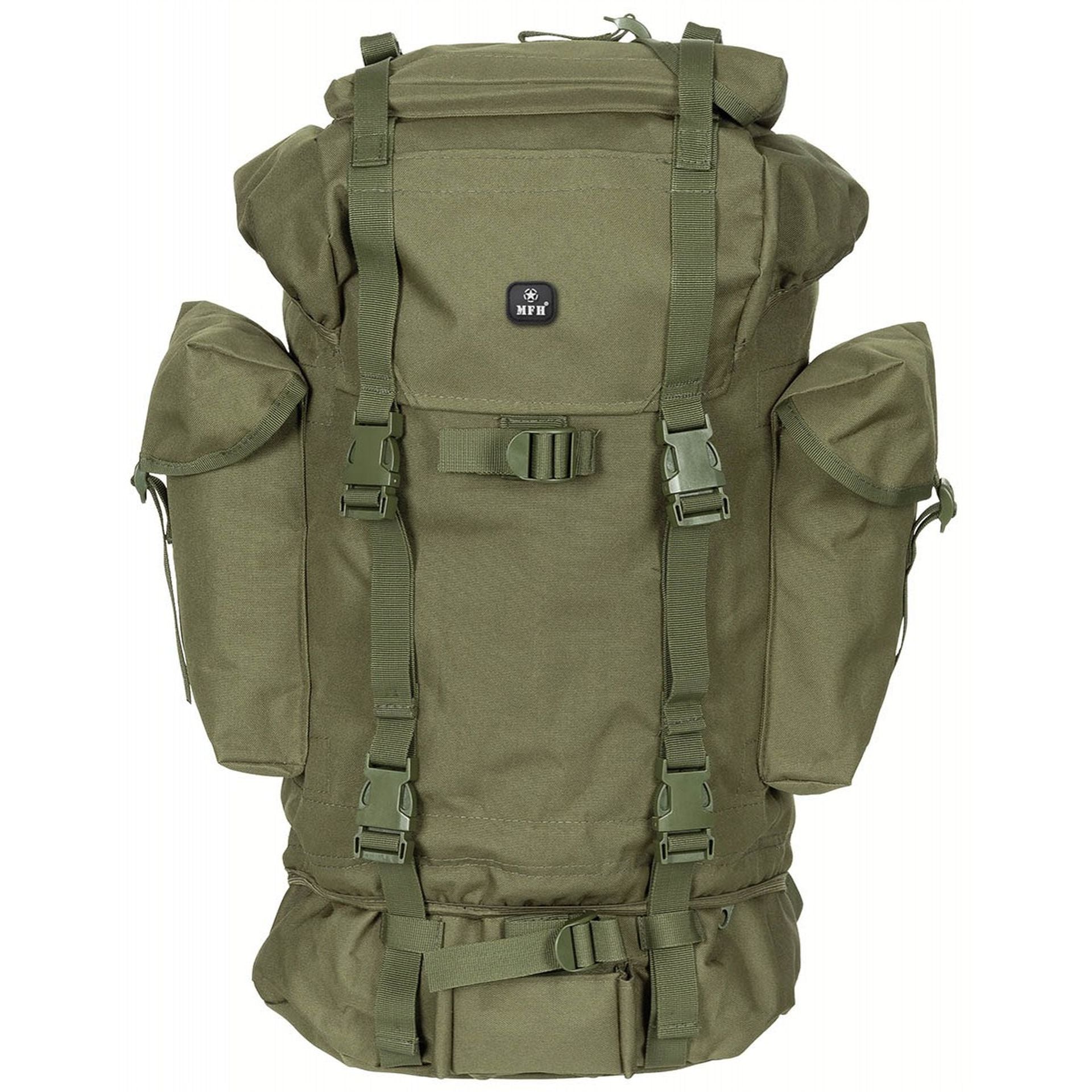 FOX Outdoor BW Kampfrucksack in Oliv mit aufgesetzten Taschen und Gurten