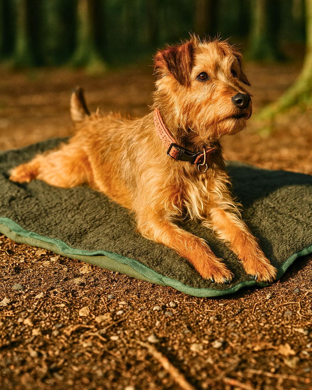 Hundebedarf – brauner Jagdhund liegt auf grüner Hundedecke im Wald