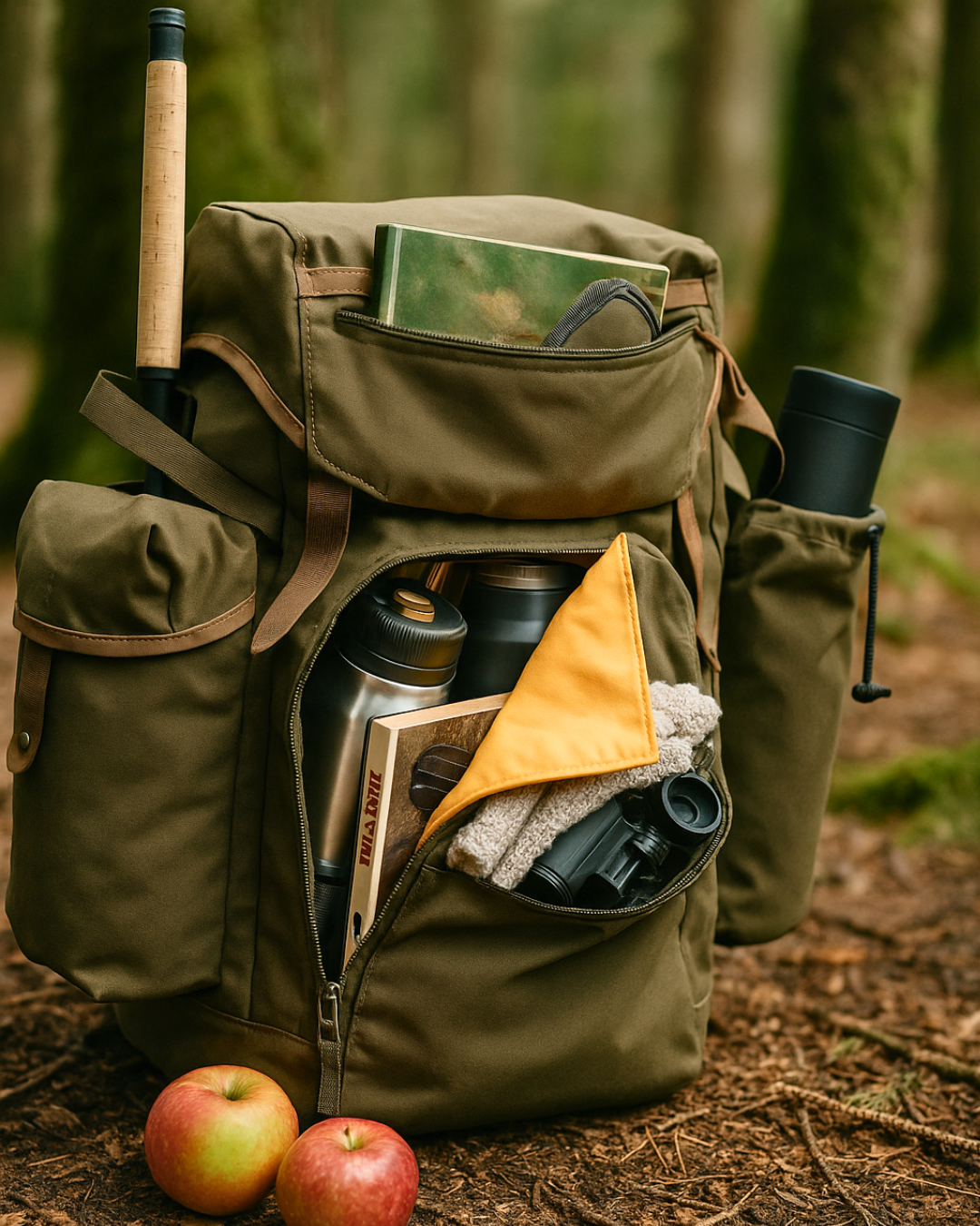 Jagd-Rucksack mit Fernglas, Axt, Thermosflasche und Zubehör im Wald – praktische Ausrüstung & Zubehör für Jäger und Outdoor-Abenteuer