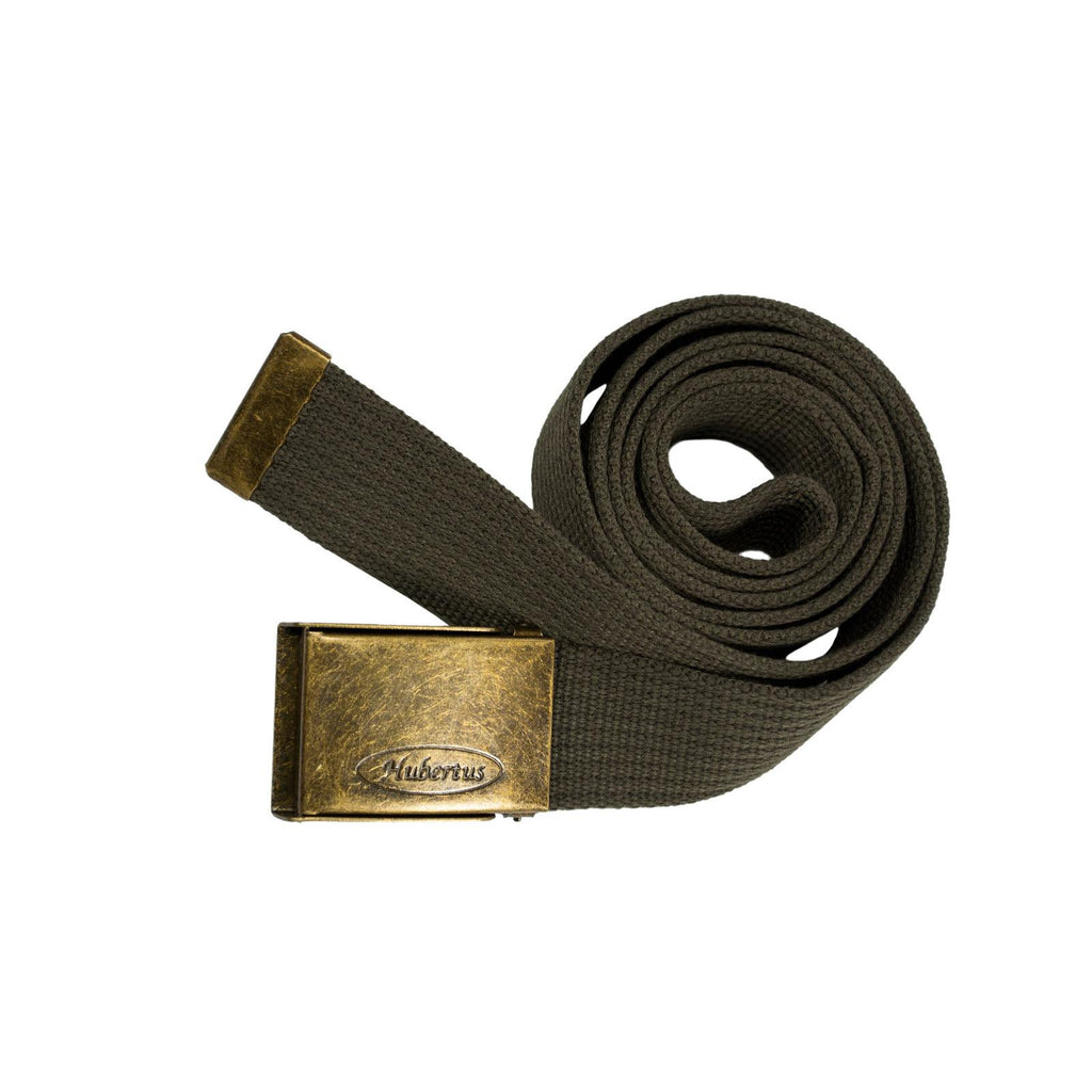 Dunkel-oliver Gürtel aus Polyester, zusammengerollt mit sichtbarer Textilstruktur
