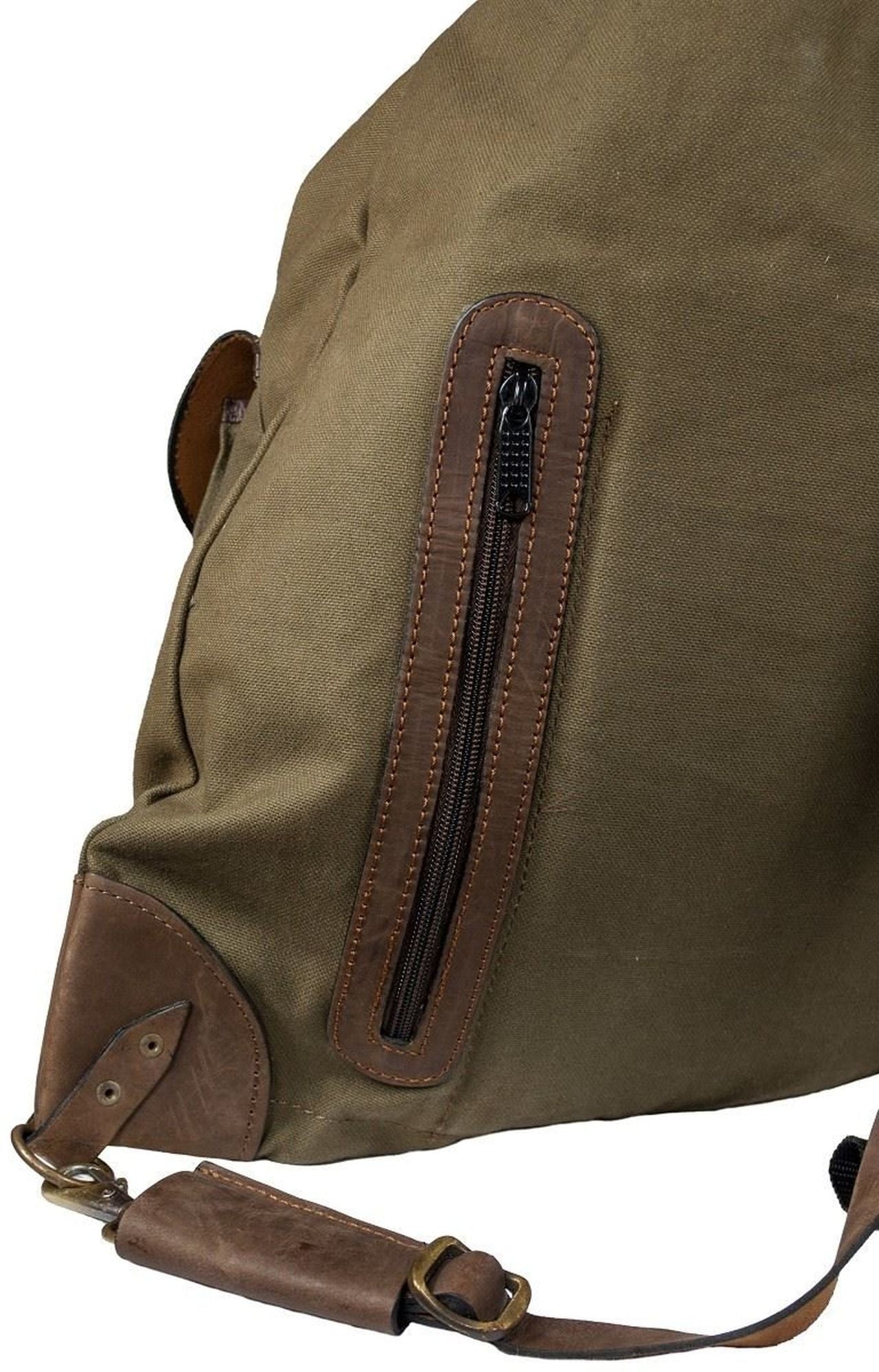 Seitenansicht des HUBERTUS Canvas Rucksacks – mit Spektivtasche & gepolsterten Schulterträgern