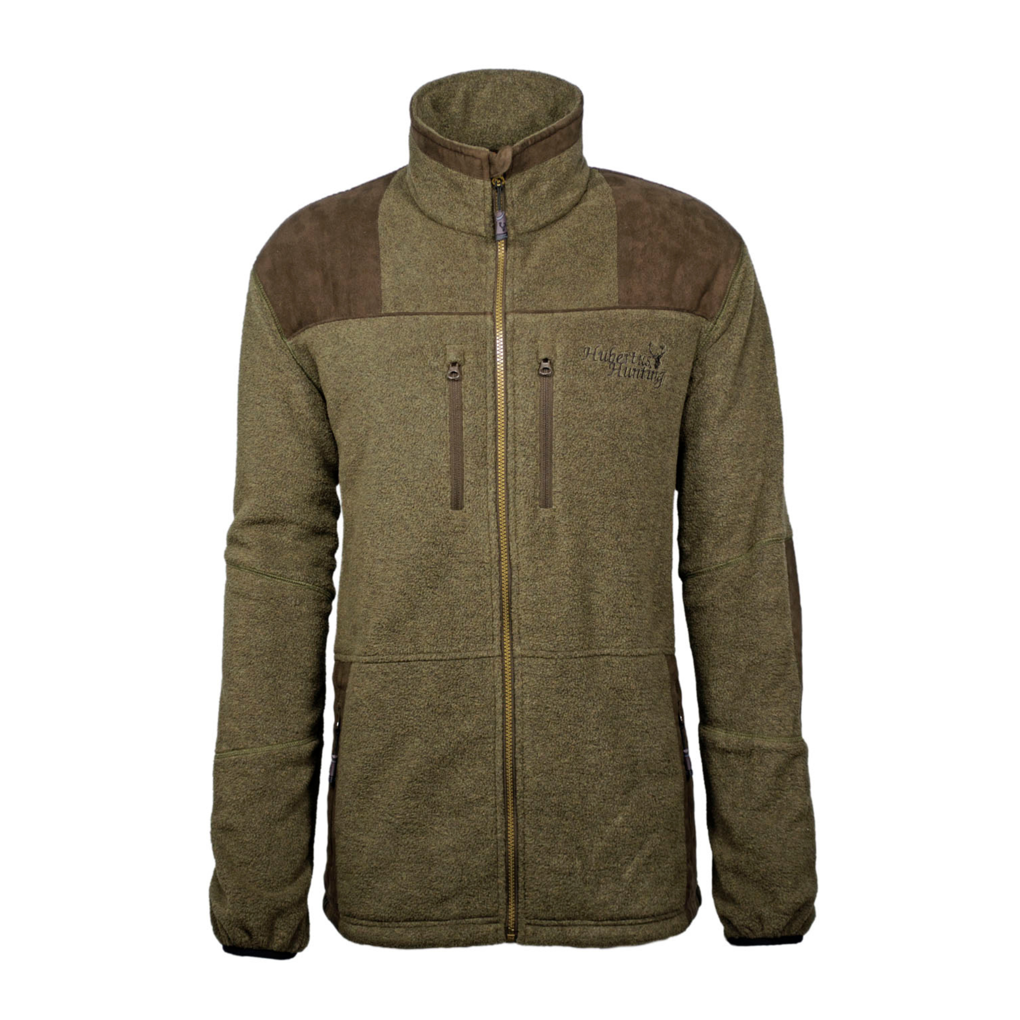 Hubertus Herren Fleecejacke in Oliv – Frontansicht mit Stehkragen und Reißverschlusstaschen