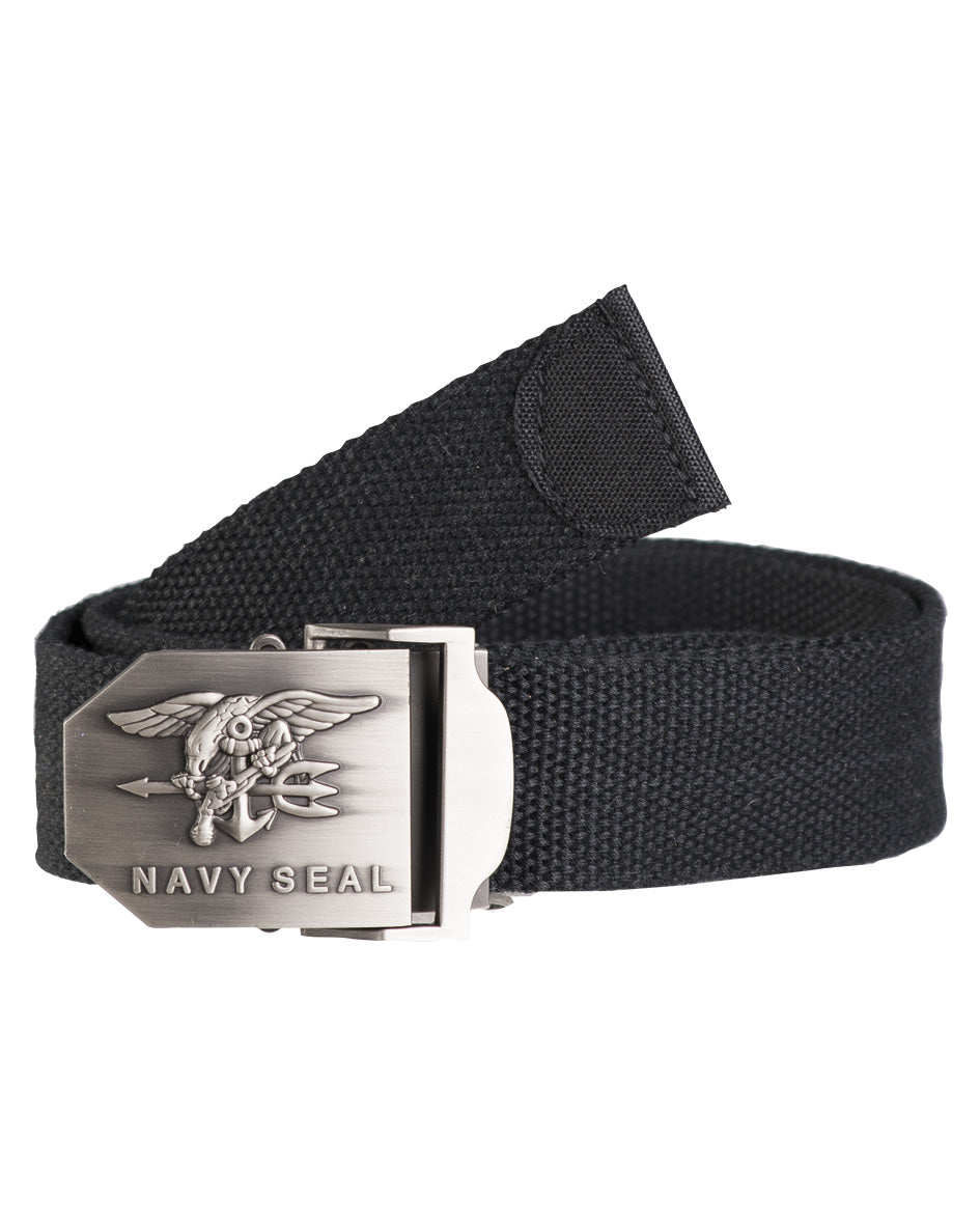 MIL-TEC US Navy Seal Gürtel in Schwarz mit Metallschnalle, frontal mit Emblem