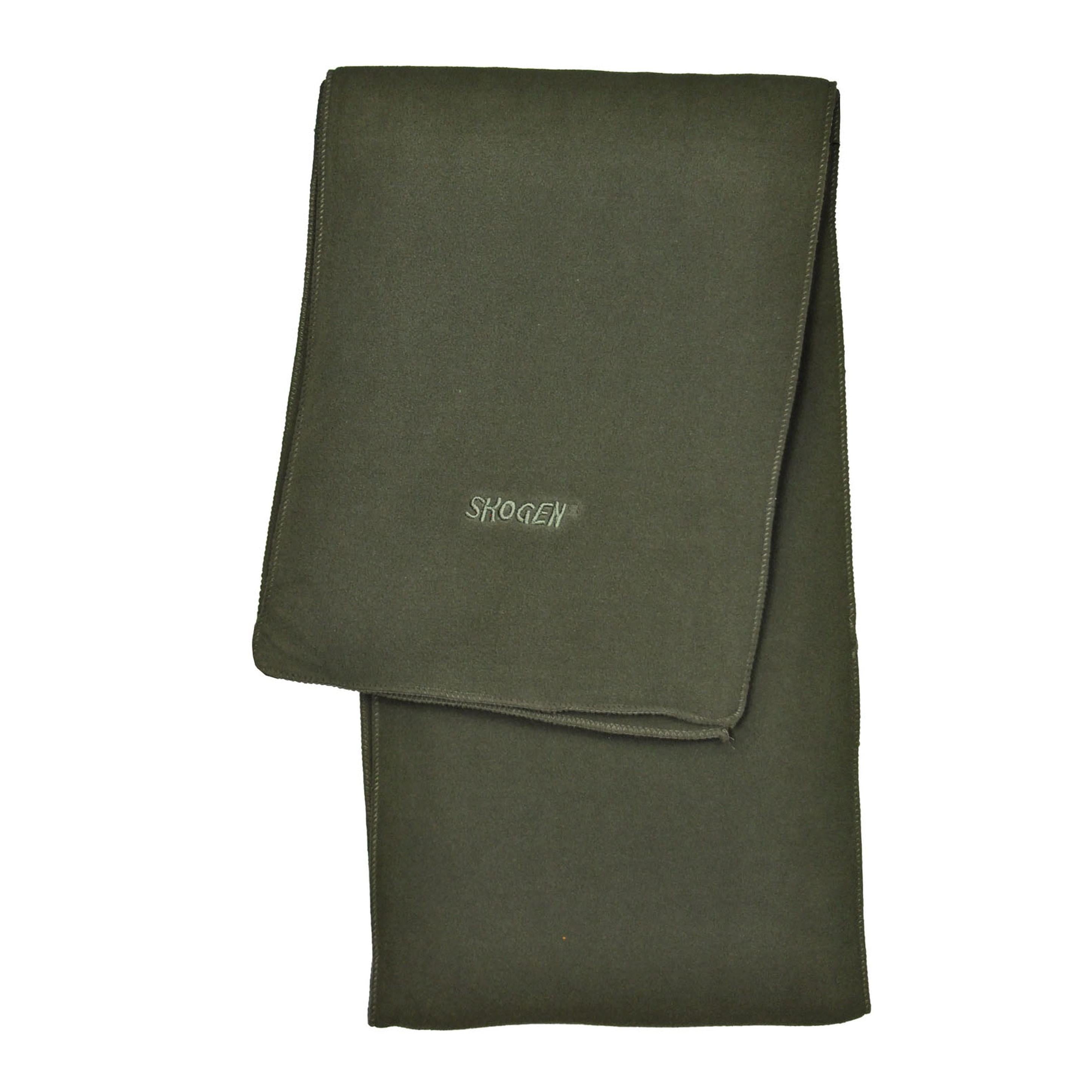 Skogen Fleece Schal – Vorderansicht in Oliv mit Stickerei und weichem Fleece