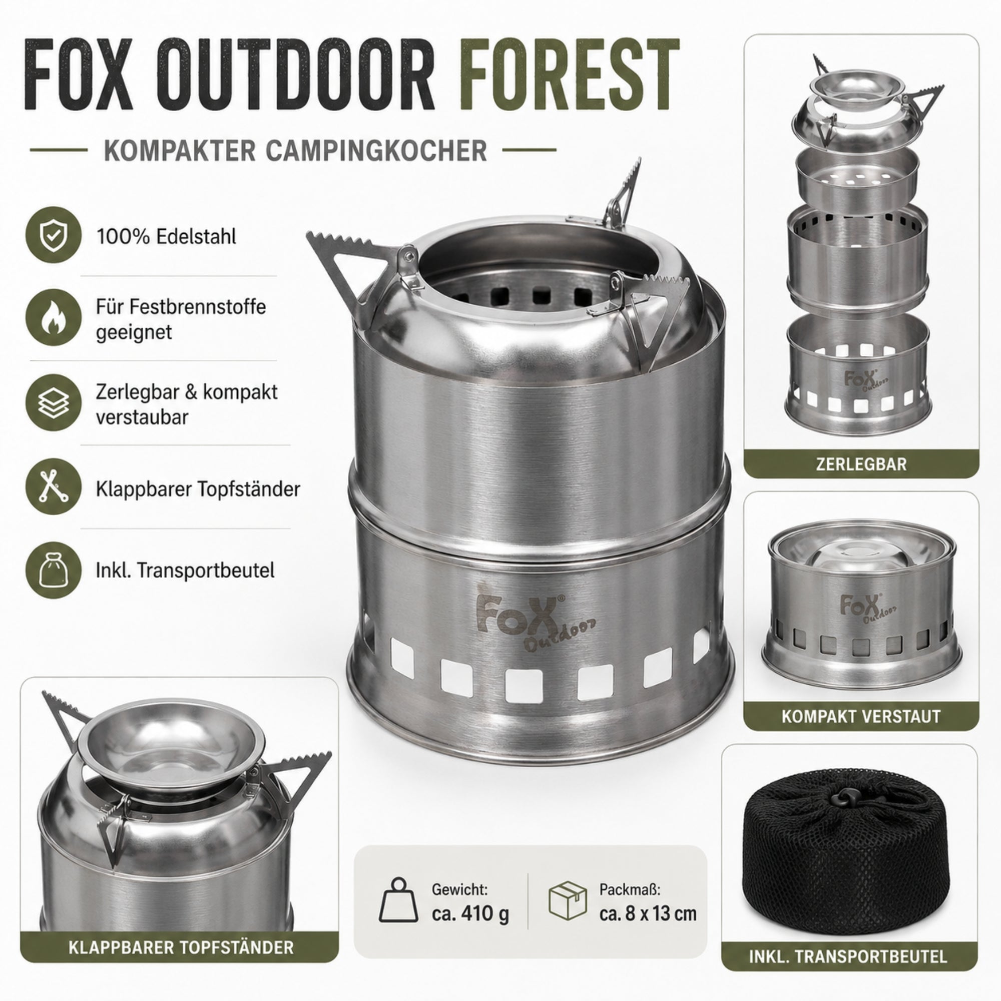 Fox®Outdoor Edelstahl Outdoor-Ofen FOREST Kocher