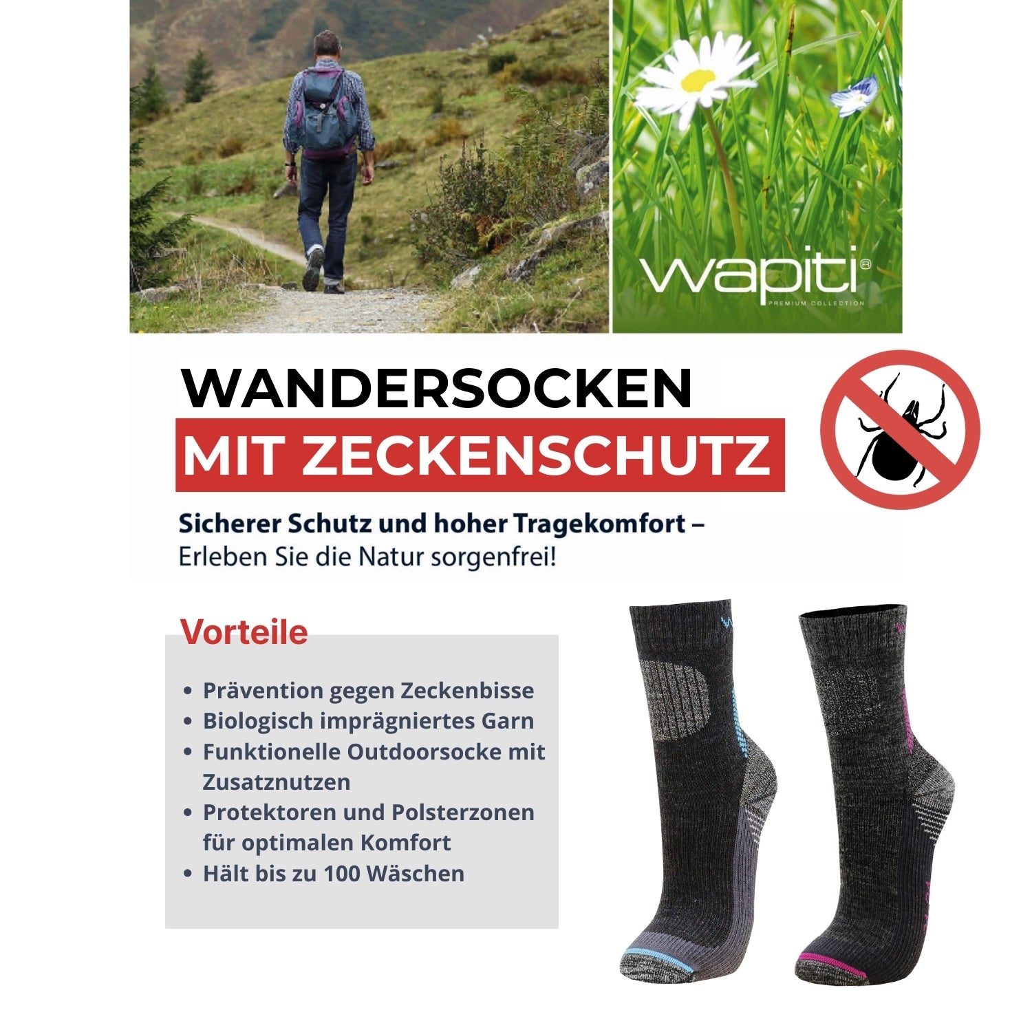wapiti® TREK ZSK06 Kids Anti Zecken 4581 Socken Juniors Trekkingsocken
