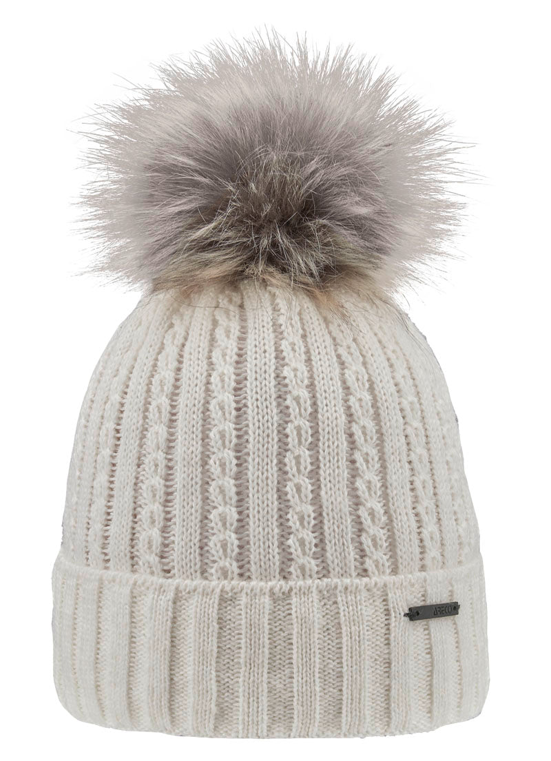 ARECO® Damen Bommelmütze – Frontansicht mit Kunstfellbommel und Strickstruktur