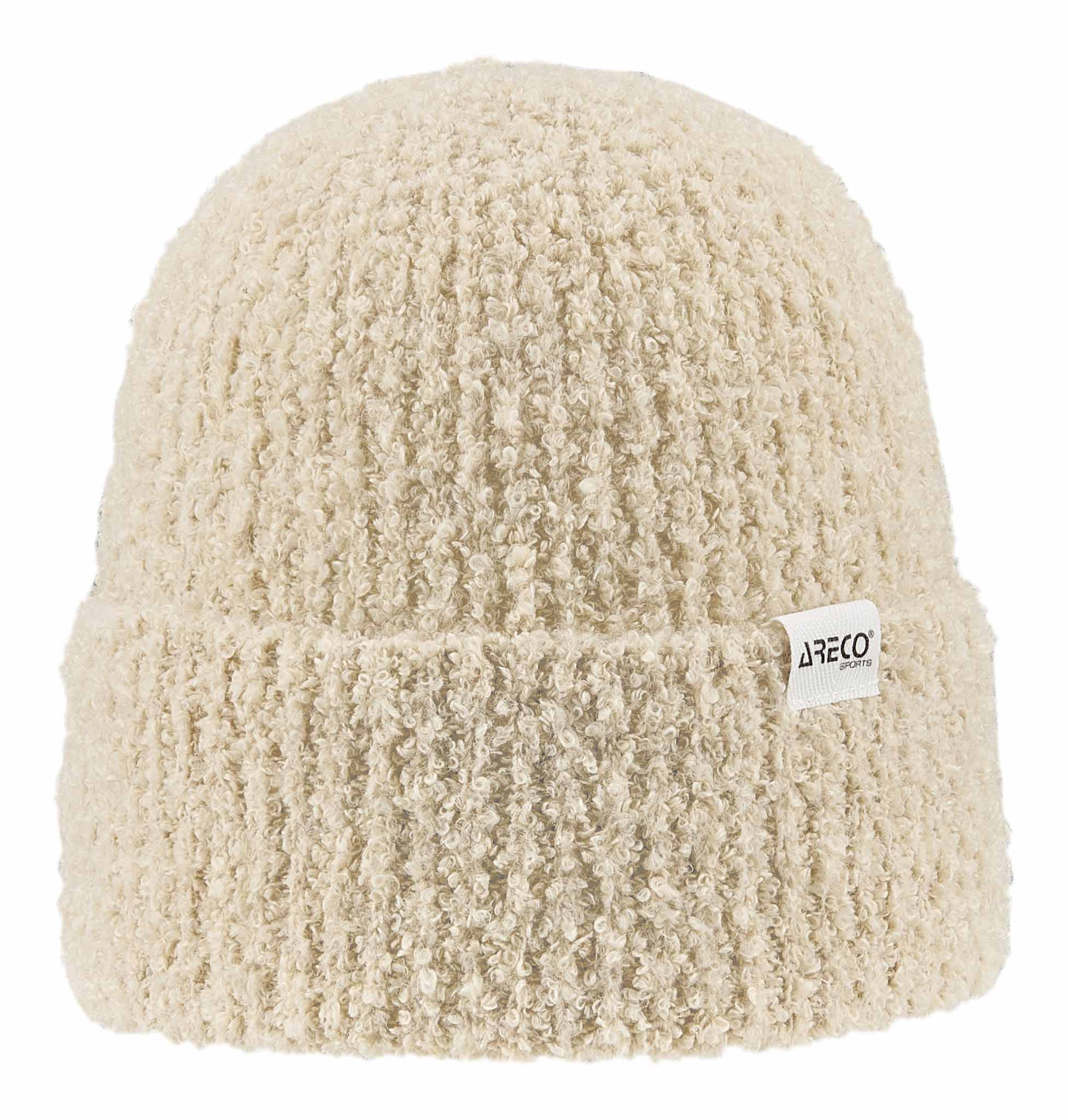 Beanie Damen Bouclé in wollweiß mit flauschiger Schlaufenstruktur – weich, elegant und warm.