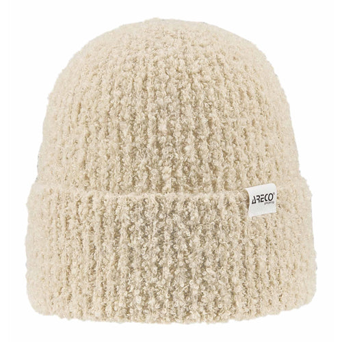 Beanie Damen Bouclé in wollweiß mit flauschiger Schlaufenstruktur – weich, elegant und warm.