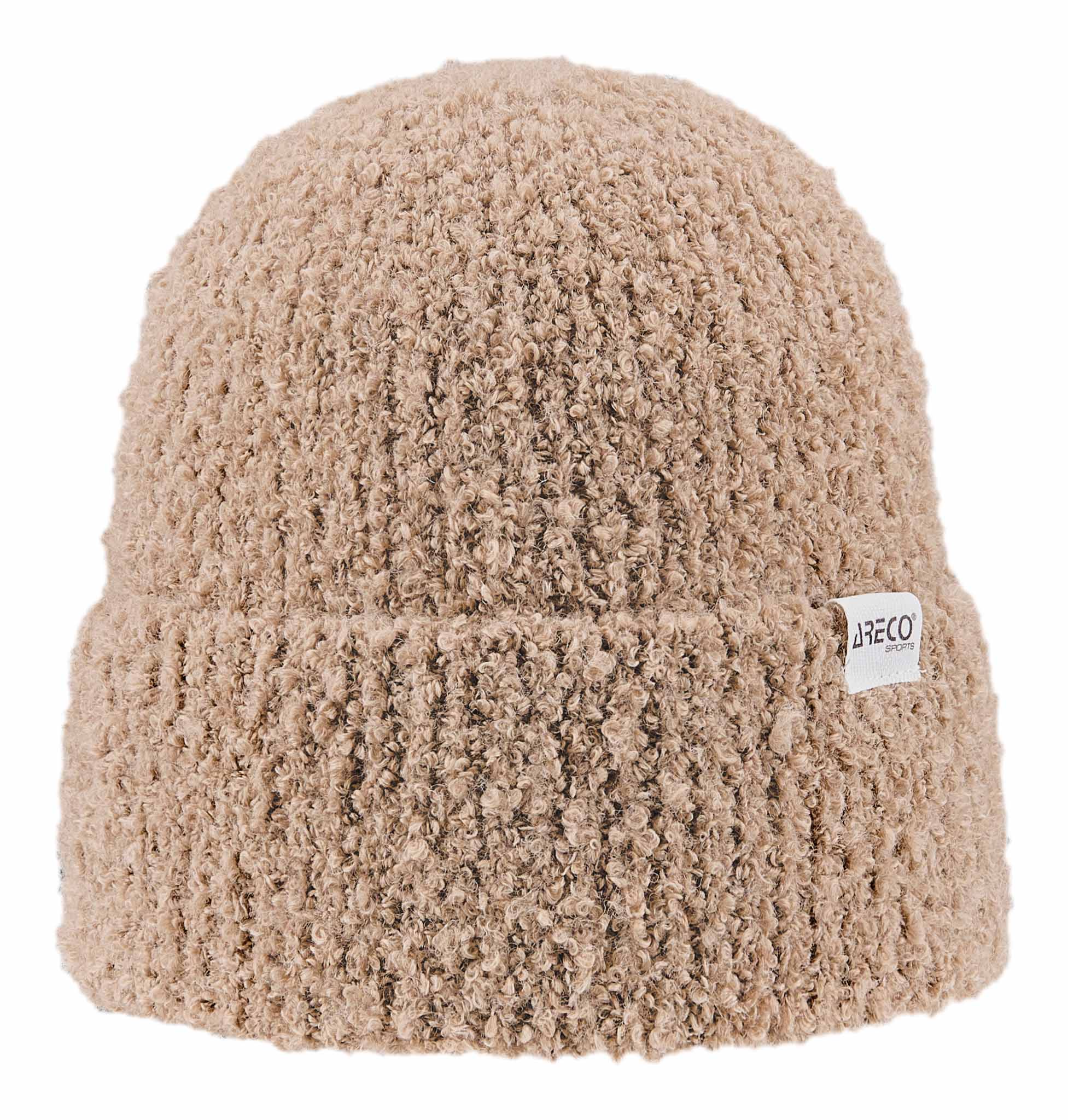 Damenmütze aus Bouclé-Garn in Beige – vielseitig, flauschig und angenehm zu tragen.