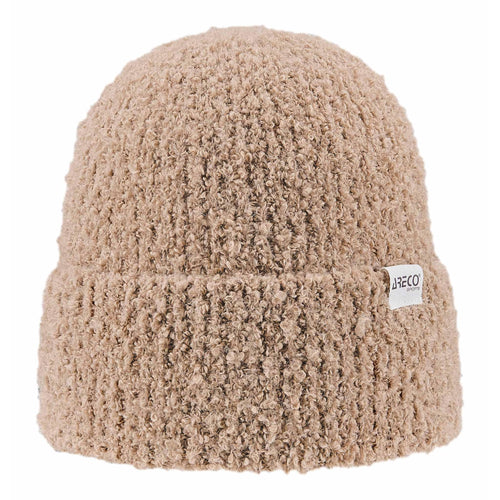 Damenmütze aus Bouclé-Garn in Beige – vielseitig, flauschig und angenehm zu tragen.