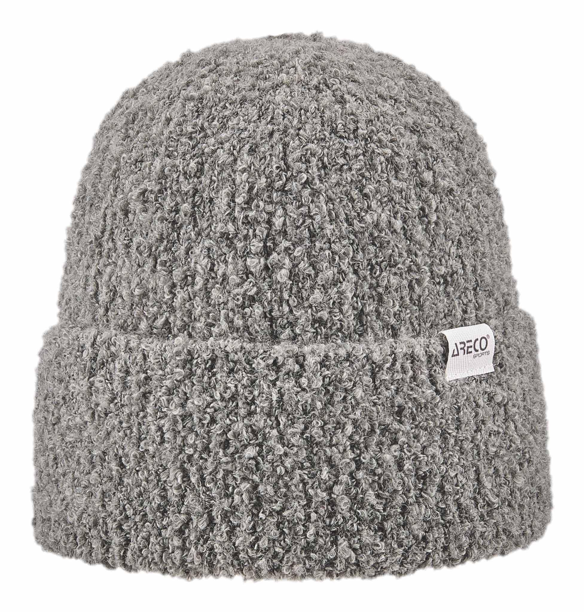 Bequeme Damenmütze in grauer Bouclé-Optik mit flauschiger Struktur und modischem Design.