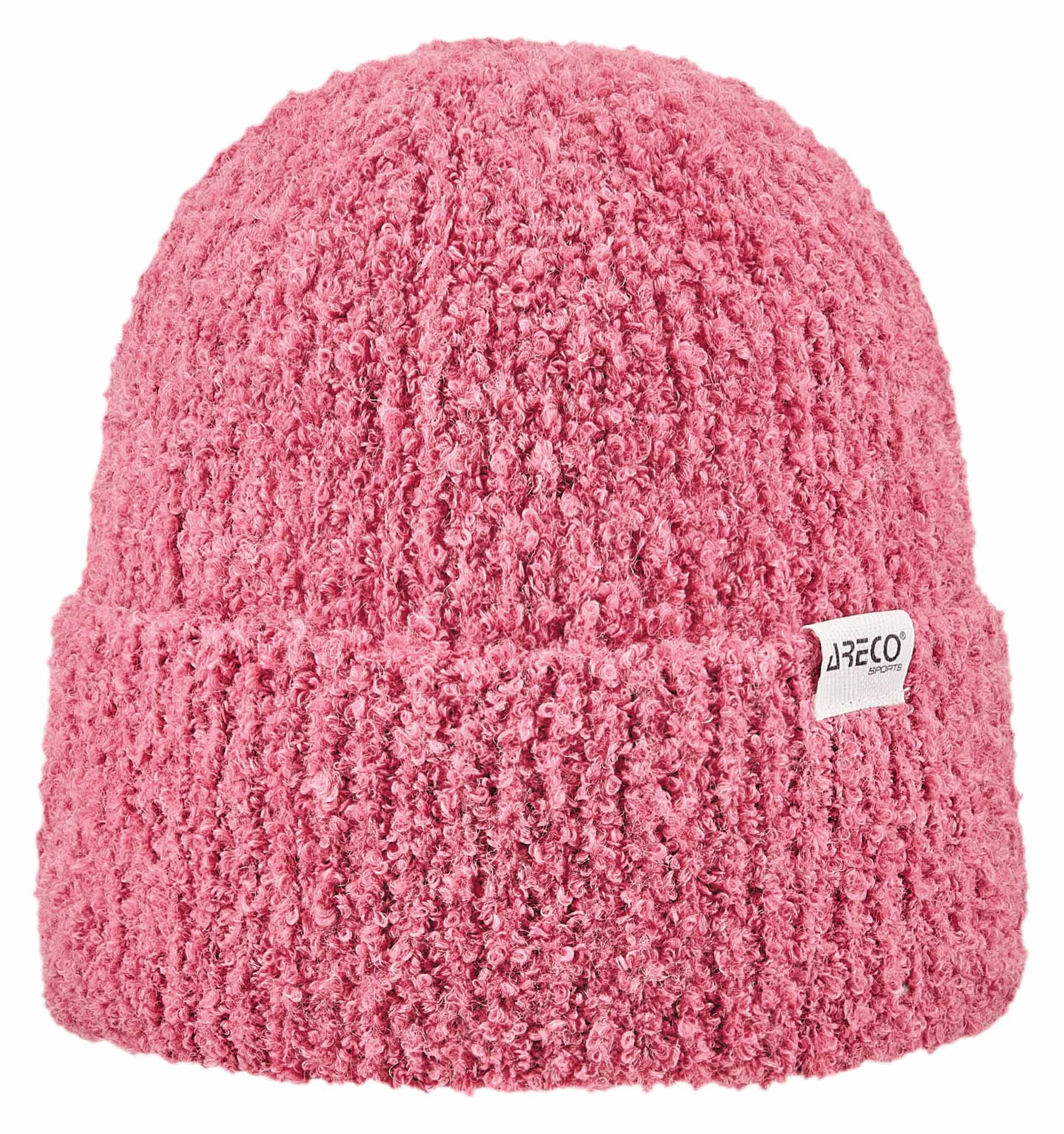 Rosa Beanie für Damen aus Bouclé – besonders weich, warm und feminin im Design.