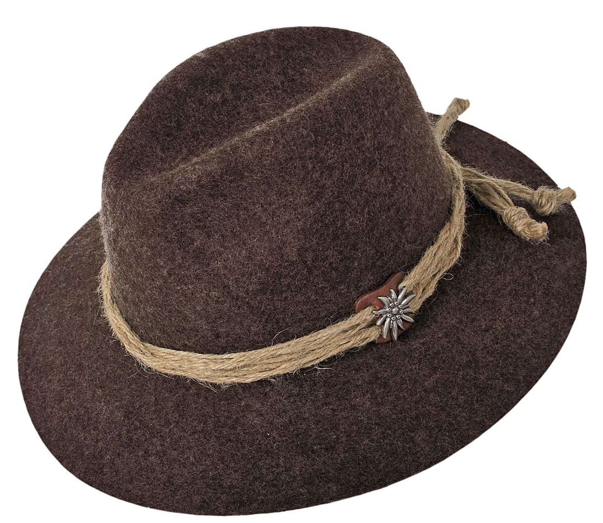 Tirolerhut mit Edelweiß-Garnitur aus Wolle – Vorderseite in Braun-Melange