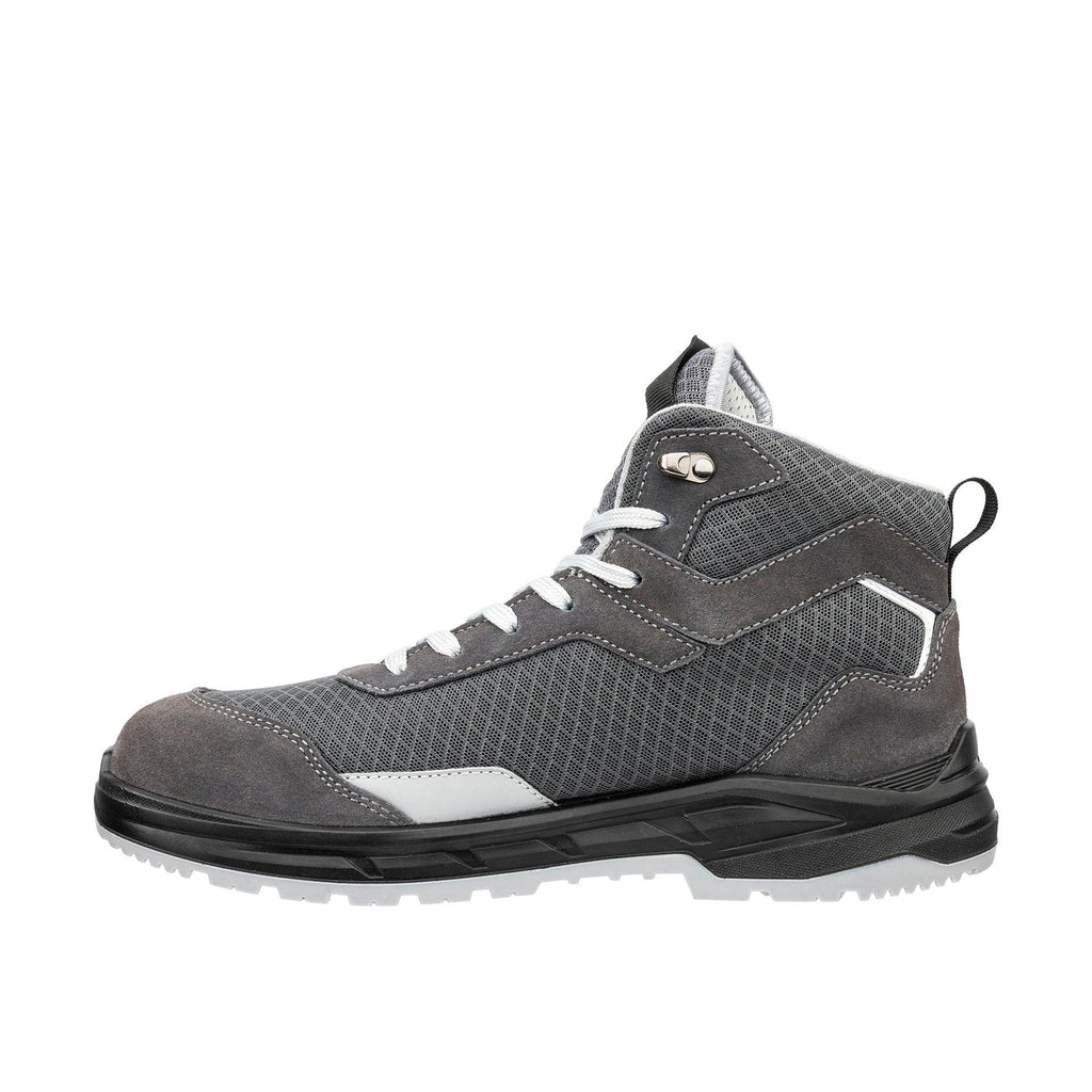 Schrägansicht Sicherheitsschuh AXIS GREY MID mit robuster Stahlkappe und atmungsaktivem Mesh