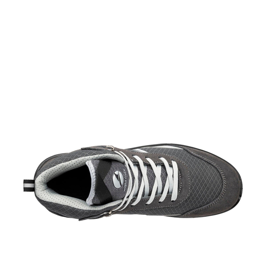 Draufsicht Sicherheitsschuh AXIS GREY MID mit grauer Schnürung und gepolstertem Einstieg