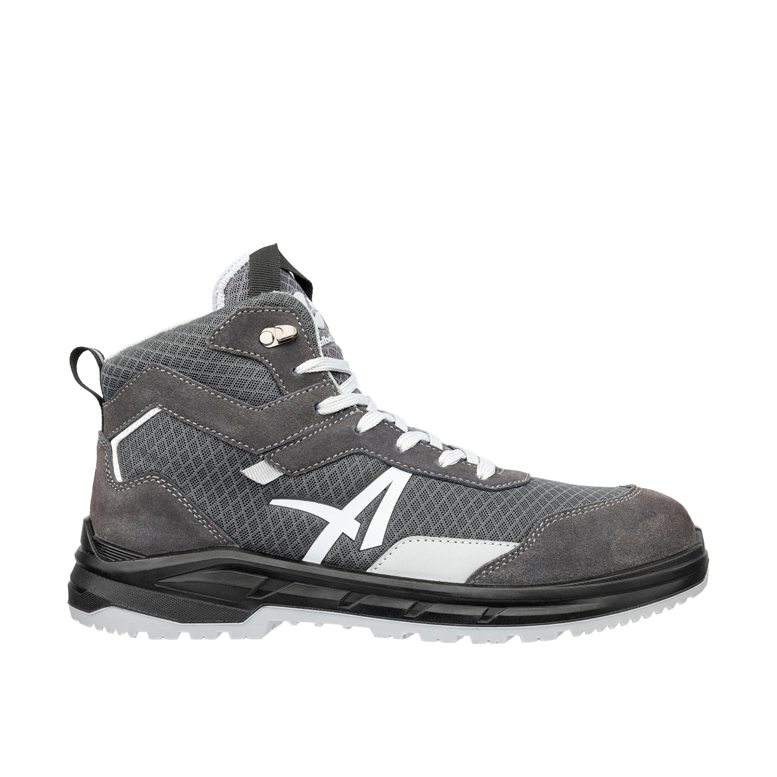 Seitenansicht Sicherheitsschuh AXIS GREY MID in Grau mit weißem Logo und mittelhohem Schaft