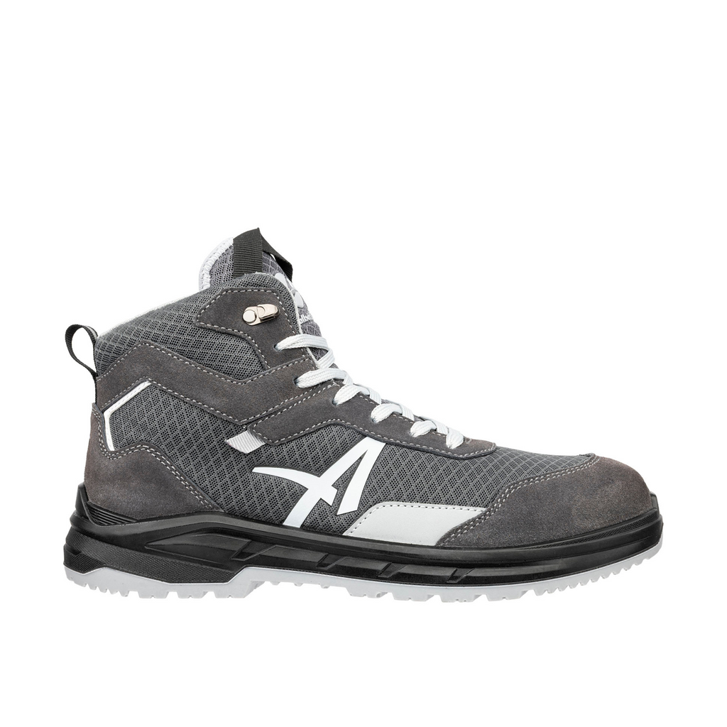 Seitenansicht Sicherheitsschuh AXIS GREY MID in Grau mit weißem Logo und mittelhohem Schaft
