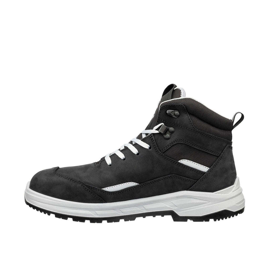 Seitenansicht Sicherheitsschuh VECTOR BLK MID in Schwarz mit Stahlkappe und heller Zwischensohle