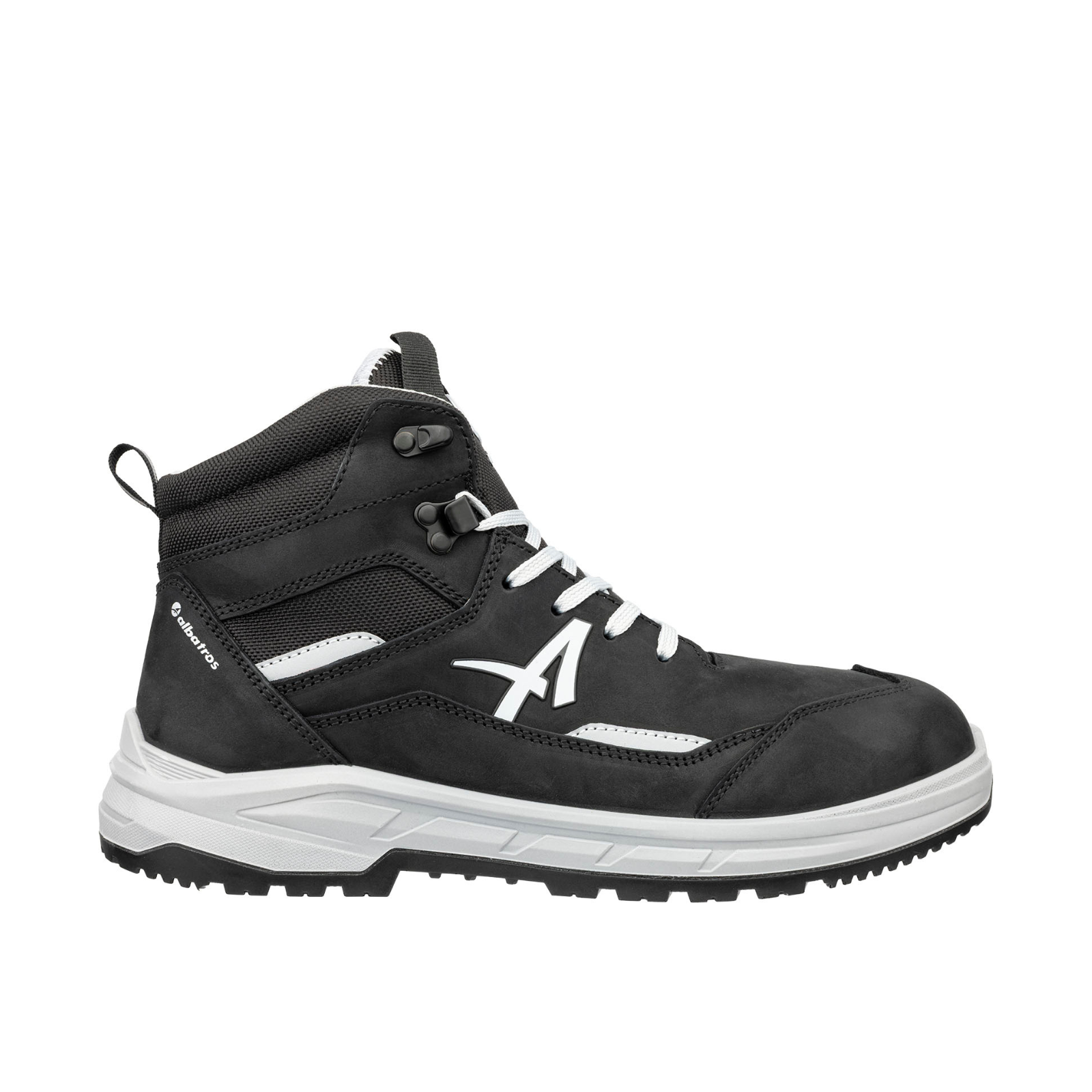 Schrägansicht Sicherheitsschuh VECTOR BLK MID aus Nubukleder mit robusten Textileinsätzen