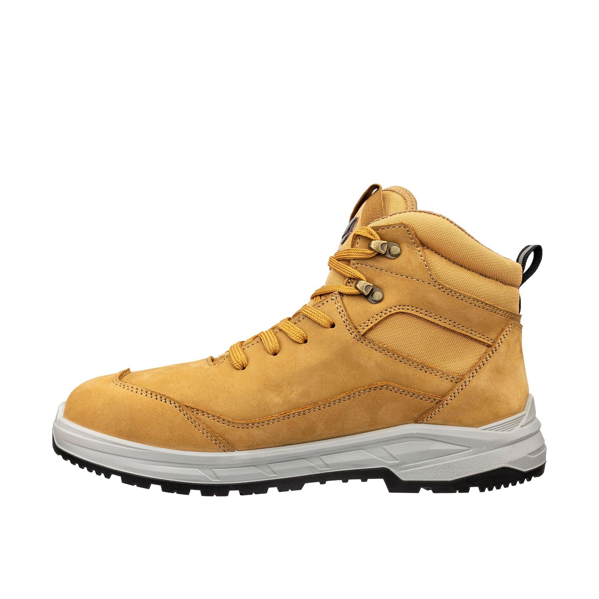 Schrägansicht Sicherheitsschuh VECTOR WHEAT MID aus Nubukleder mit robusten Textileinsätzen
