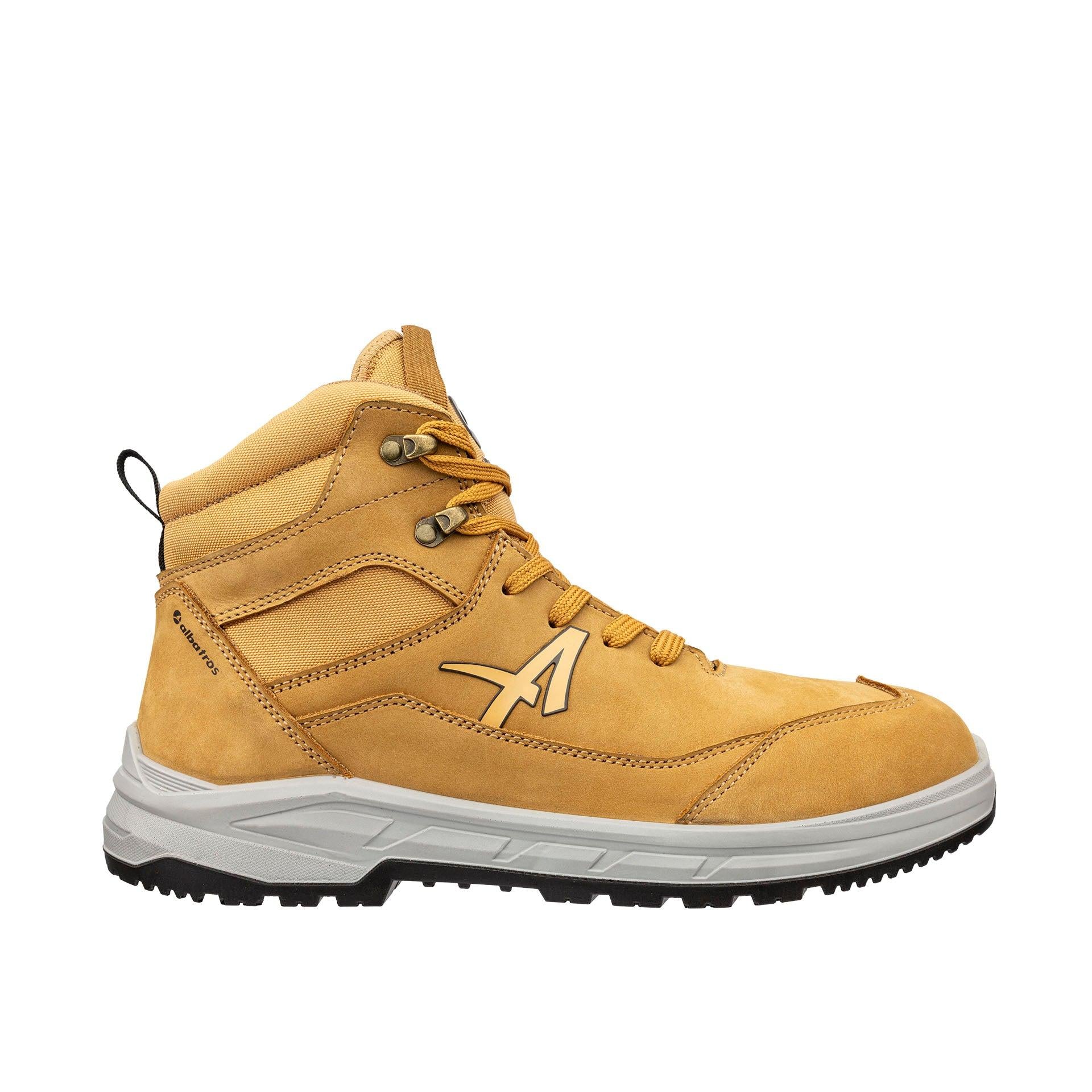 Seitenansicht Sicherheitsschuh VECTOR WHEAT MID in Weizenfarbe mit Stahlkappe und grauer Sohle