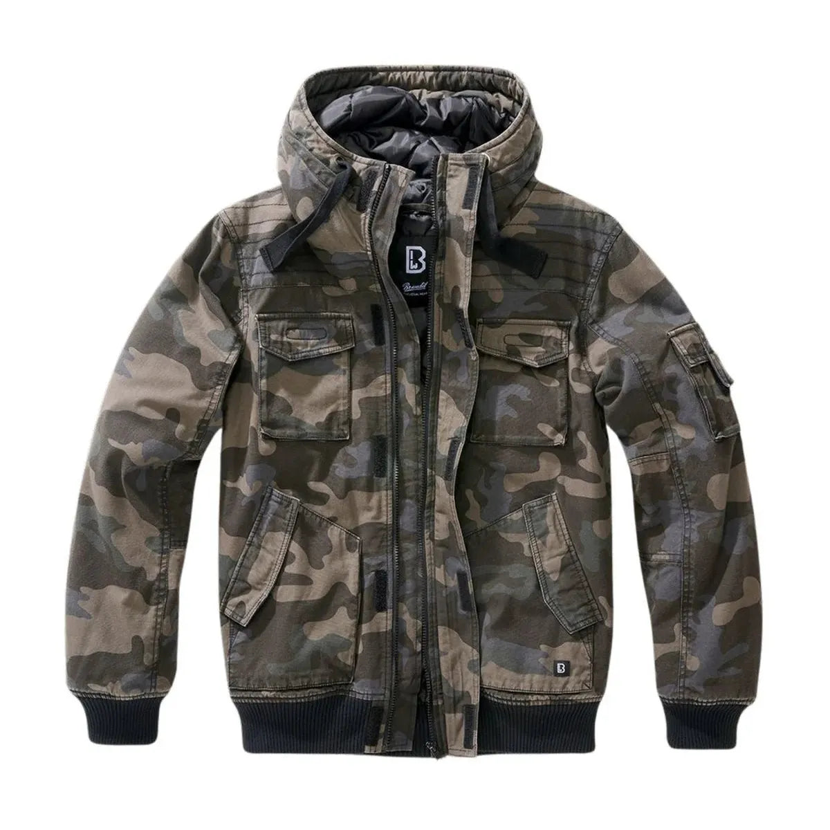 Vorderansicht der Brandit Bronx Jacket in Darkcamo mit Kapuze
