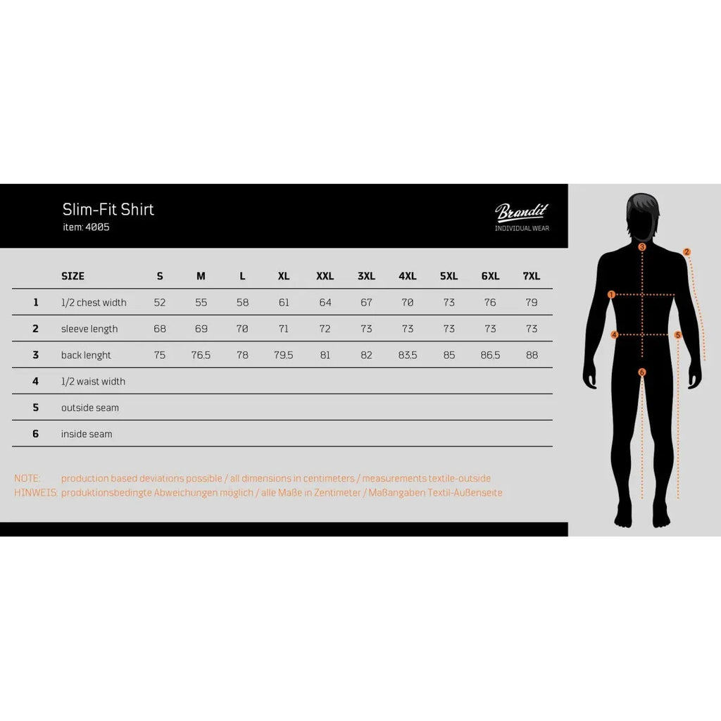 Größentabelle für Herren Slim-Fit Shirt mit Darstellung der wichtigsten Maße am Körper und Vergleich nach Konfektionsgrößen