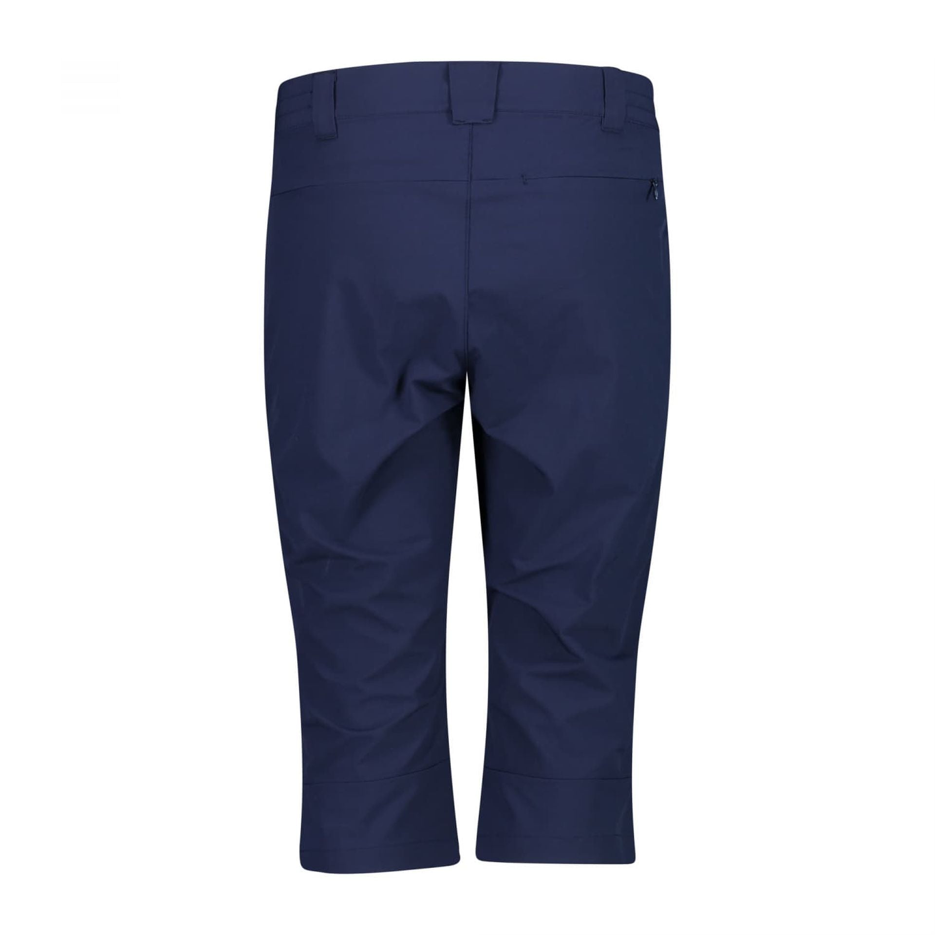 Rückansicht der blauen Damenhose mit Reißverschluss-Gesäßtasche