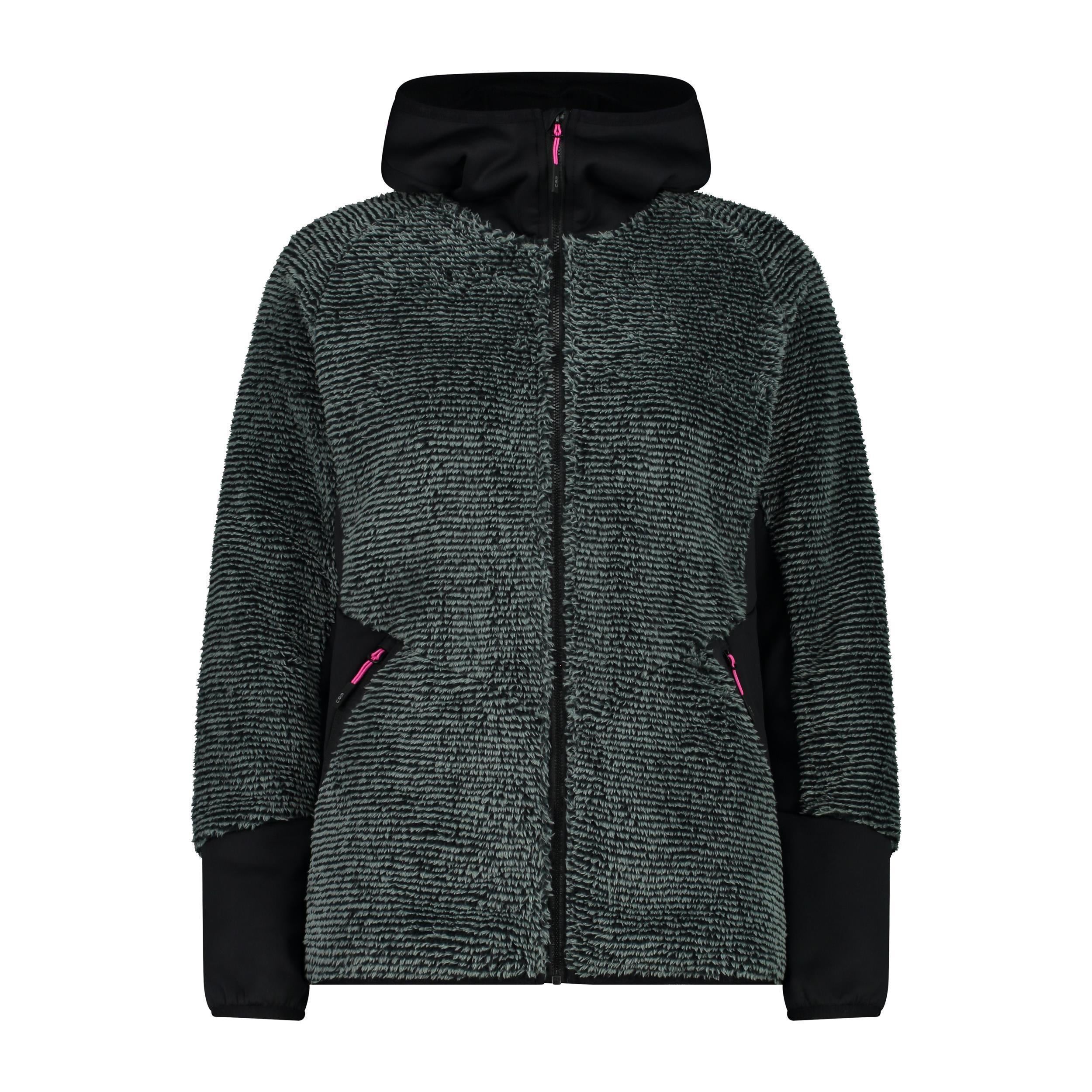 Damen HighLoft Fleecejacke mit Kapuze – Vorderansicht mit Reißverschluss und Kapuze in mineral