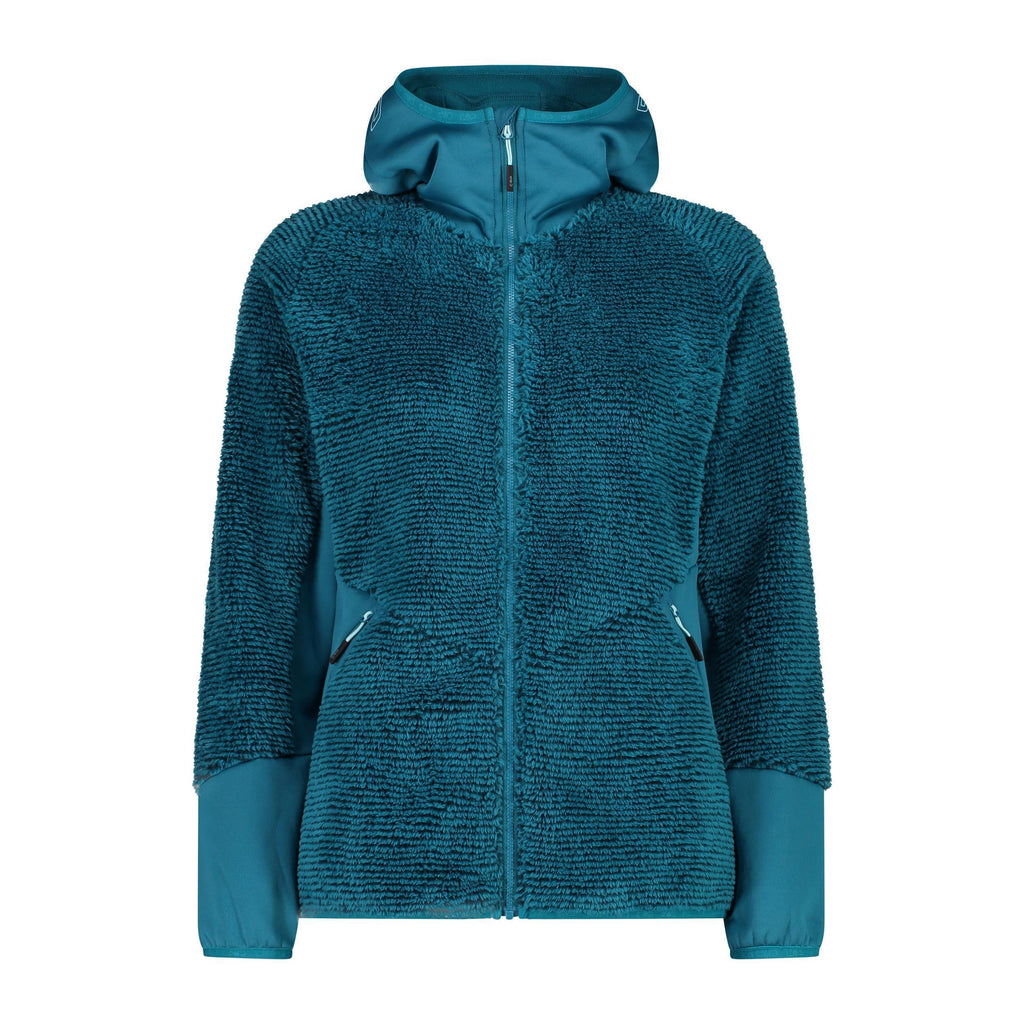 Damen HighLoft Fleecejacke mit Kapuze in teal – Vorderansicht mit Reißverschluss