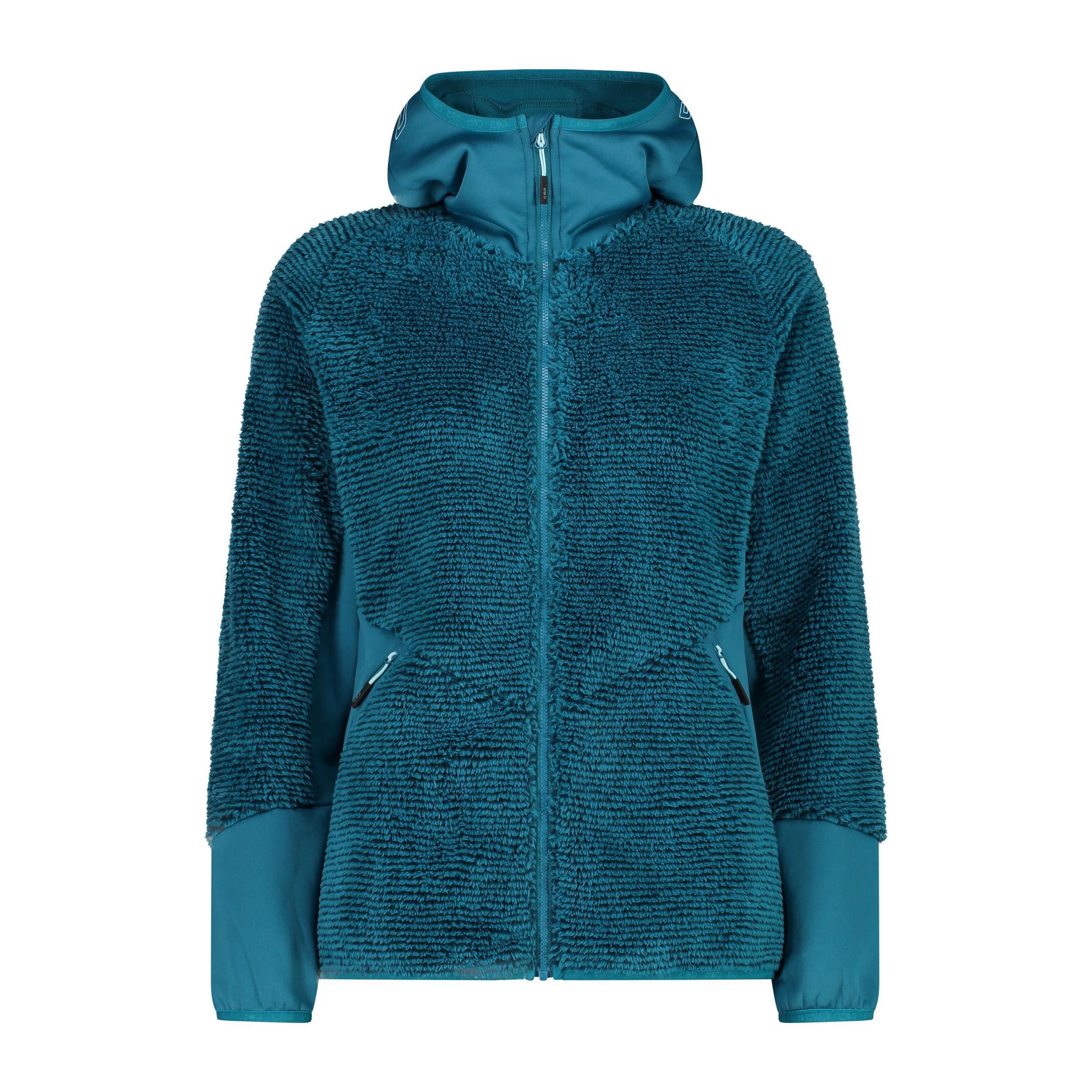 Damen HighLoft Fleecejacke mit Kapuze in teal – Vorderansicht mit Reißverschluss