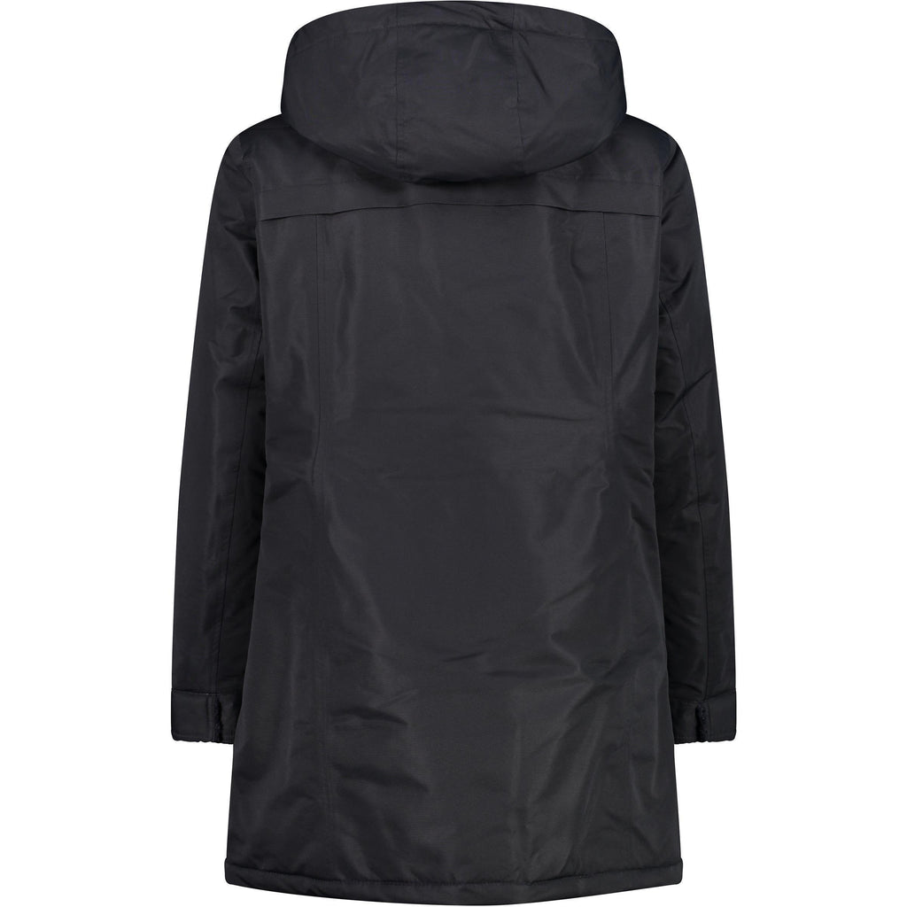 Rückansicht des CMP Parkas mit Kapuze und verlängertem Rücken