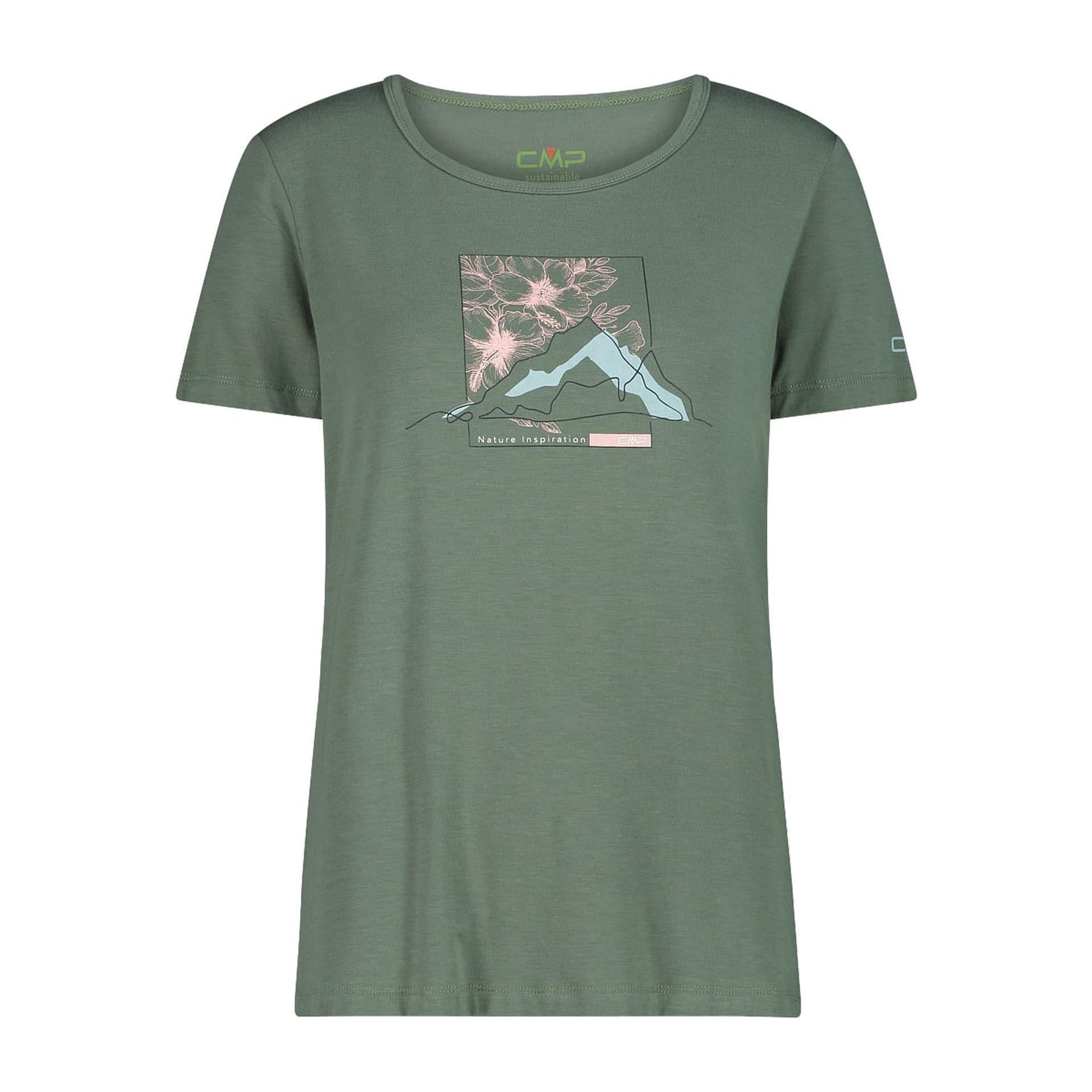 Damen-T-Shirt Bamboo in Salvia mit Blumenprint, frontal fotografiert auf weißem Hintergrund