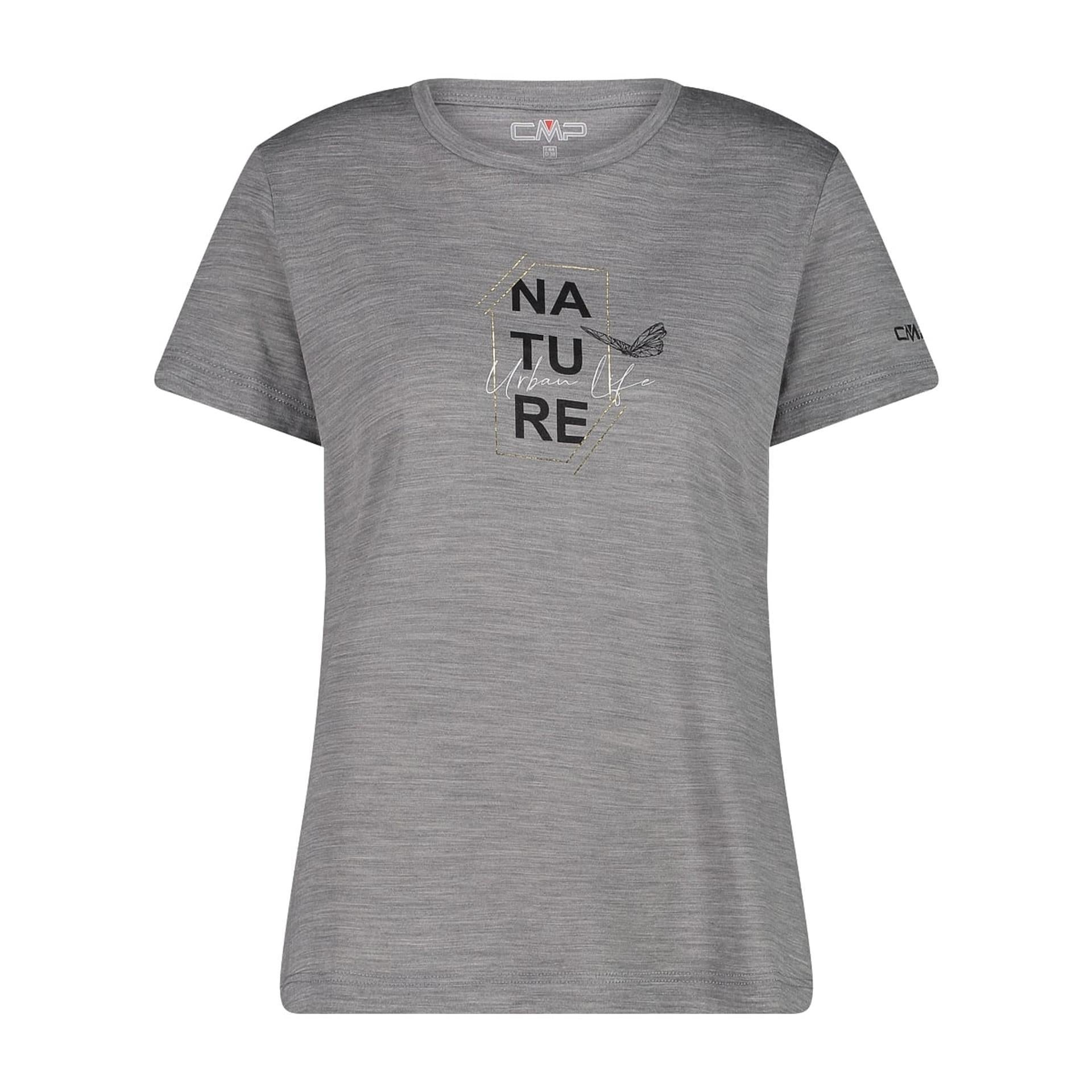 Damen Merino T-Shirt in grey mel-nero mit Rundhalsausschnitt