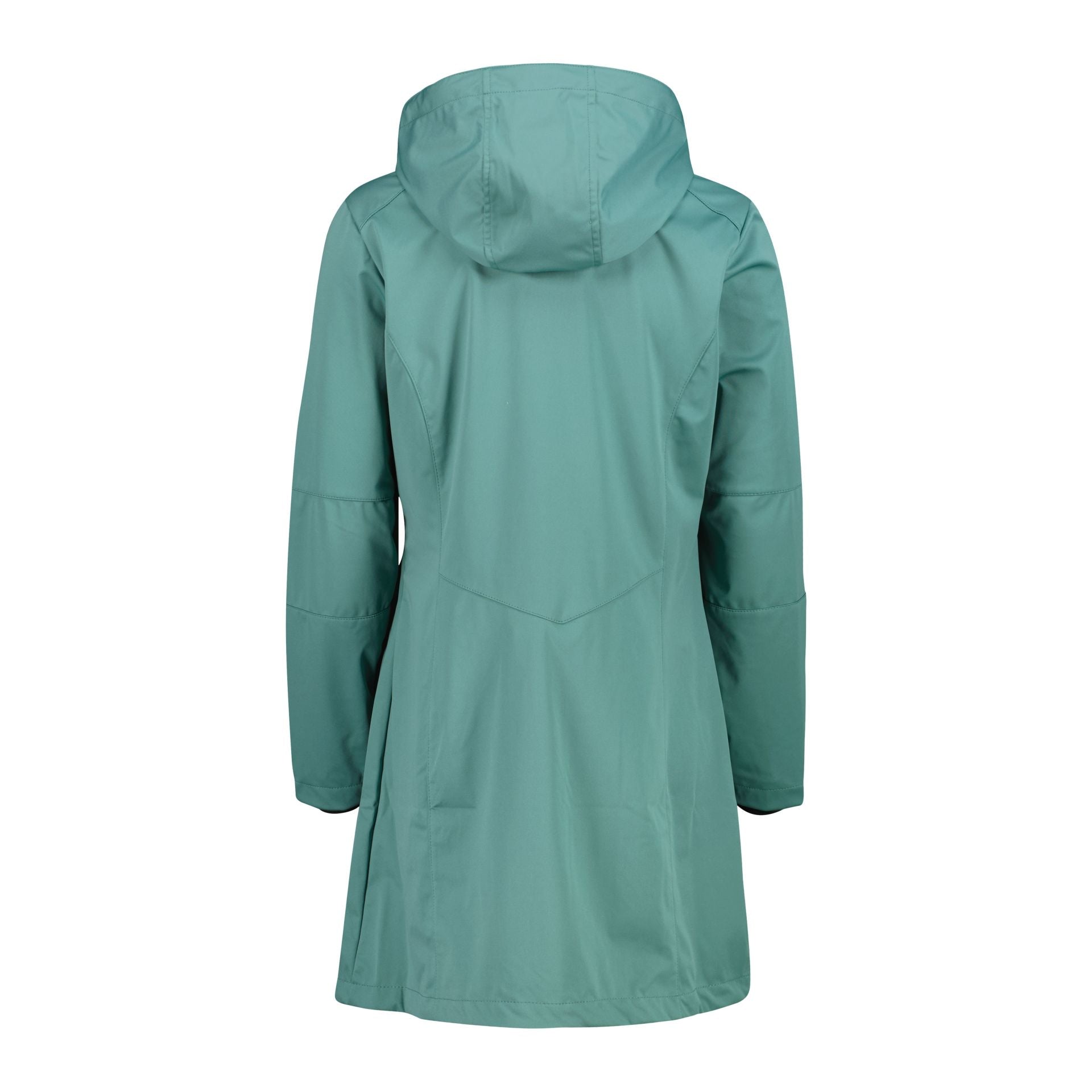 Rückansicht Damen Softshell Parka Agave mit verstellbarer Kapuze
