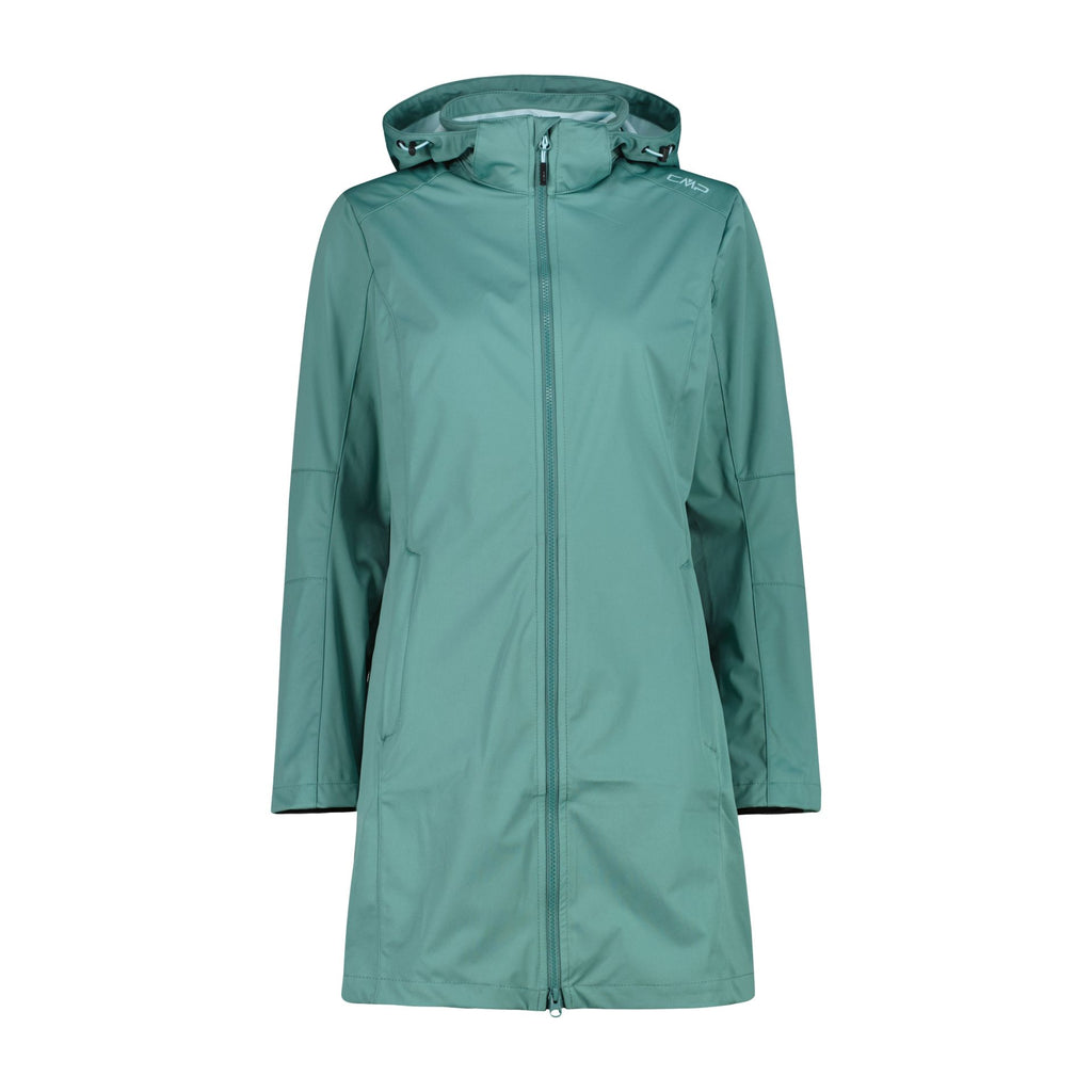 Vorderansicht Damen Softshell Parka Agave mit Kapuze
