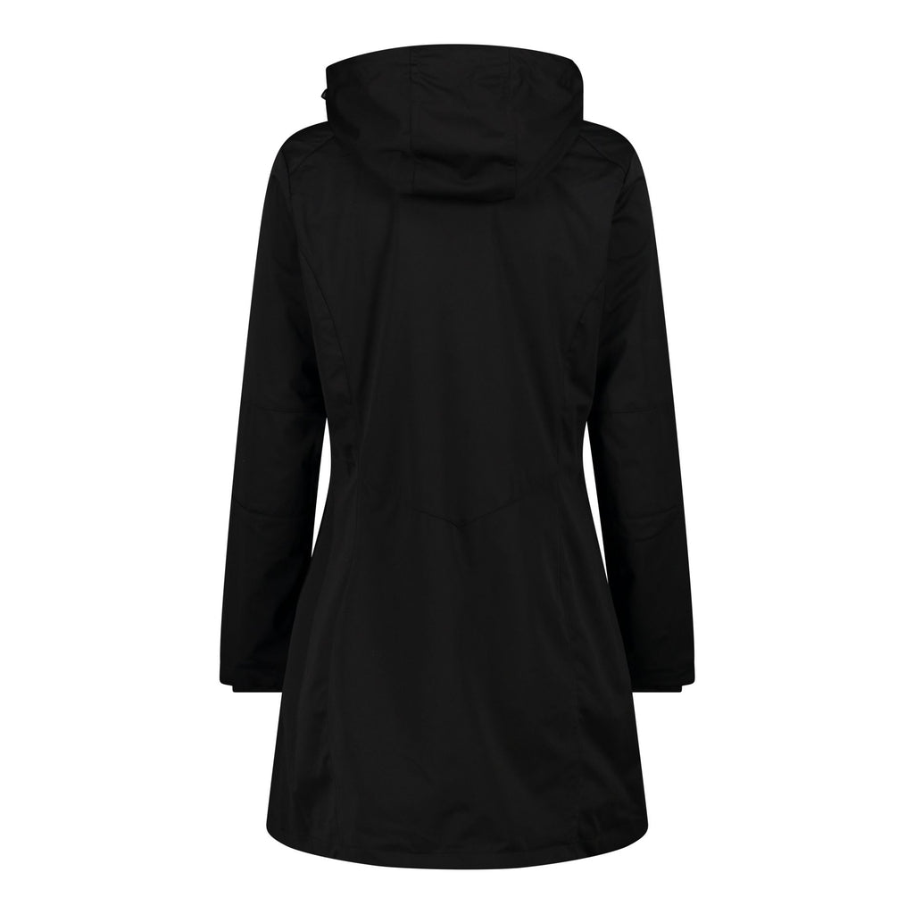 Rückansicht Damen Softshell Parka Nero Outdoor mit Kapuze
