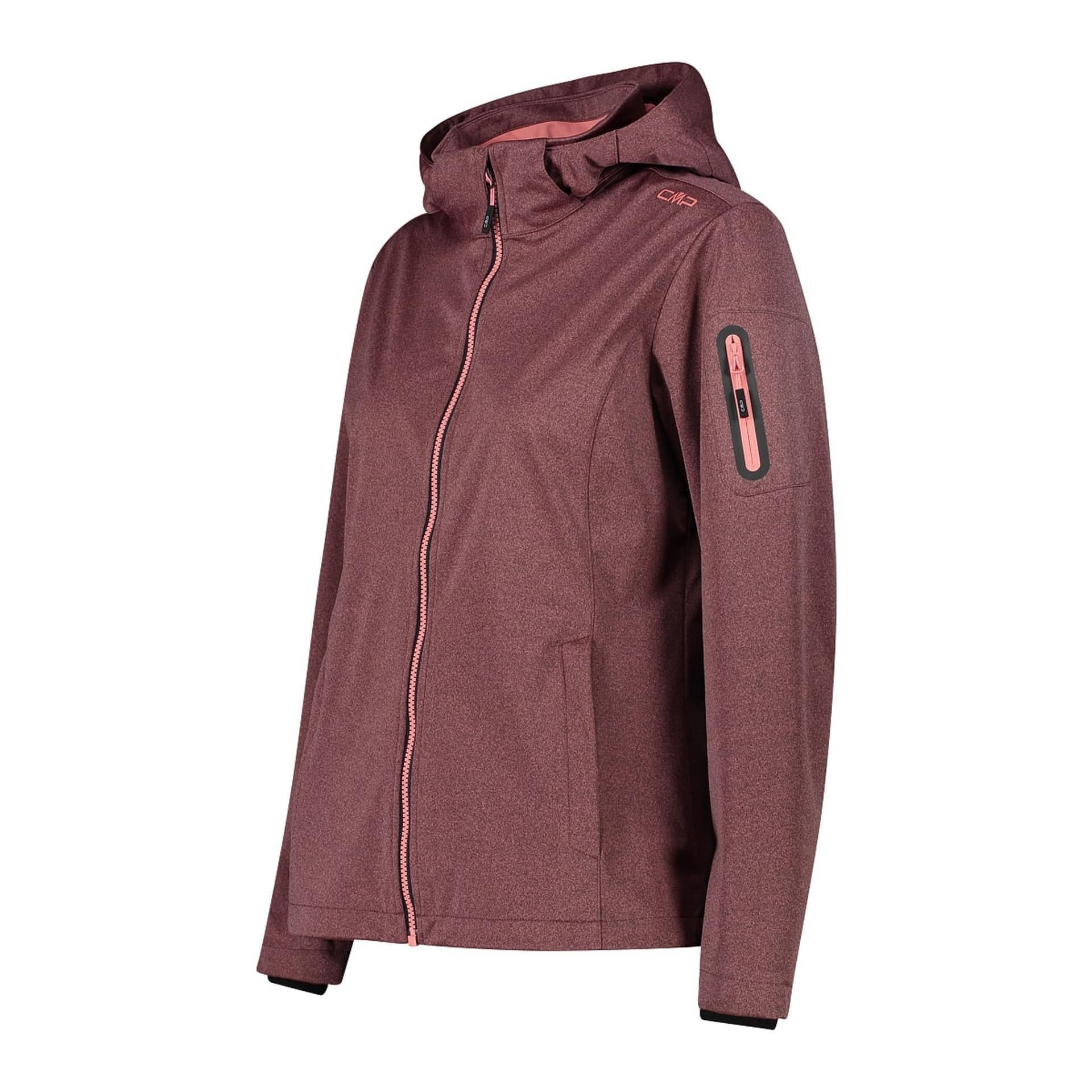 Seitlicher Blick auf die taillierte Softshelljacke mit abnehmbarer Kapuze