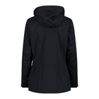Rückansicht der Softshelljacke mit abnehmbarer Kapuze und ClimaProtect-Logo